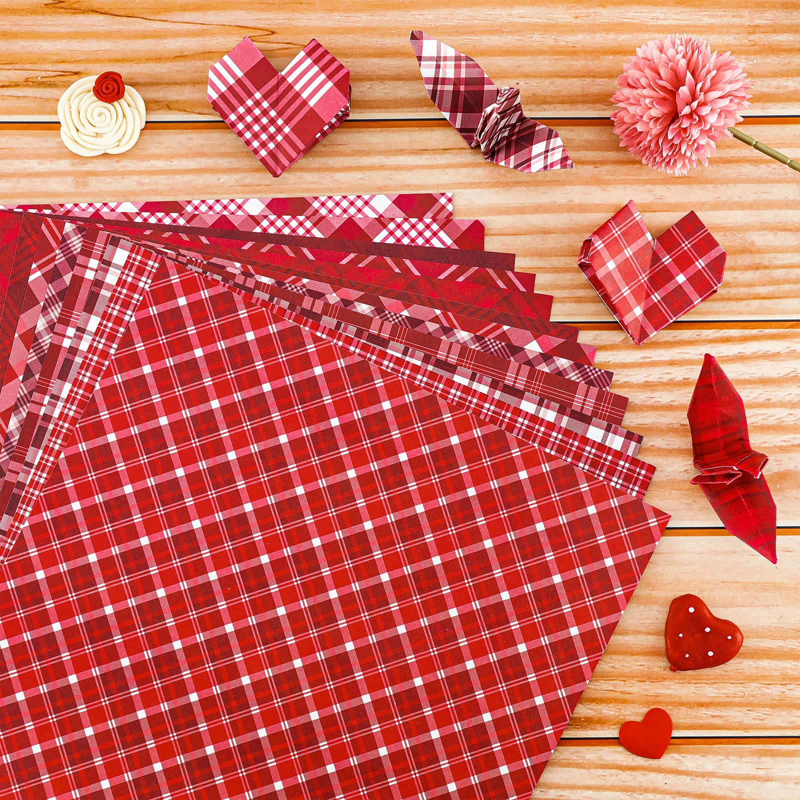Whaline 12 Valentine's Day Pattern Paper Pack - 24 Sheets Red Buffalo Plaid Scrapbook Paper, Double-Sided Decorative Craft Paper for Card Making, Scrapbooking, DIY Projects | Perfect for Valentine's Cards, Gift Wrapping & Home Decor