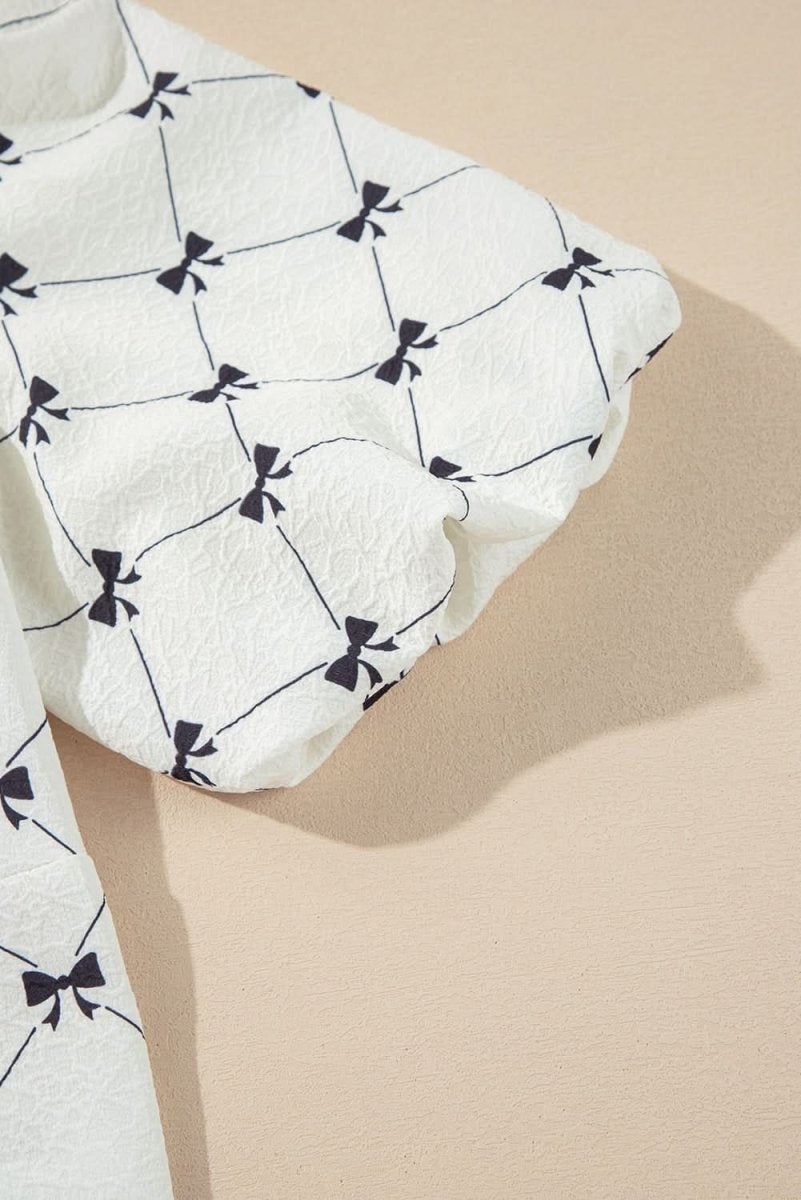Elegant White Bowknot Print Bubble Sleeve Blouse with Front Knots - Perfect for Office Wear, Date Nights & Special Occasions