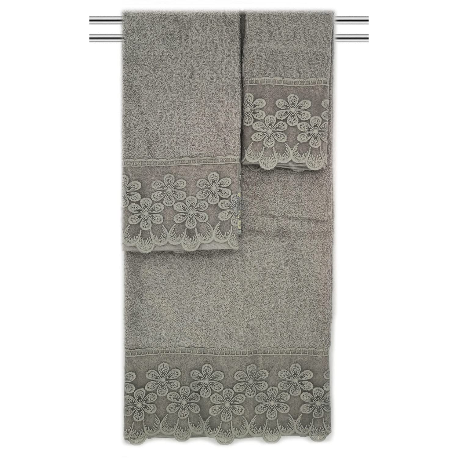 PREMIUS Florentina 3-Piece Floral Embroidered Cotton Bath Towel Set - Soft Absorbent Luxury Towels for Spa, Bathroom & Guest Use - Silver