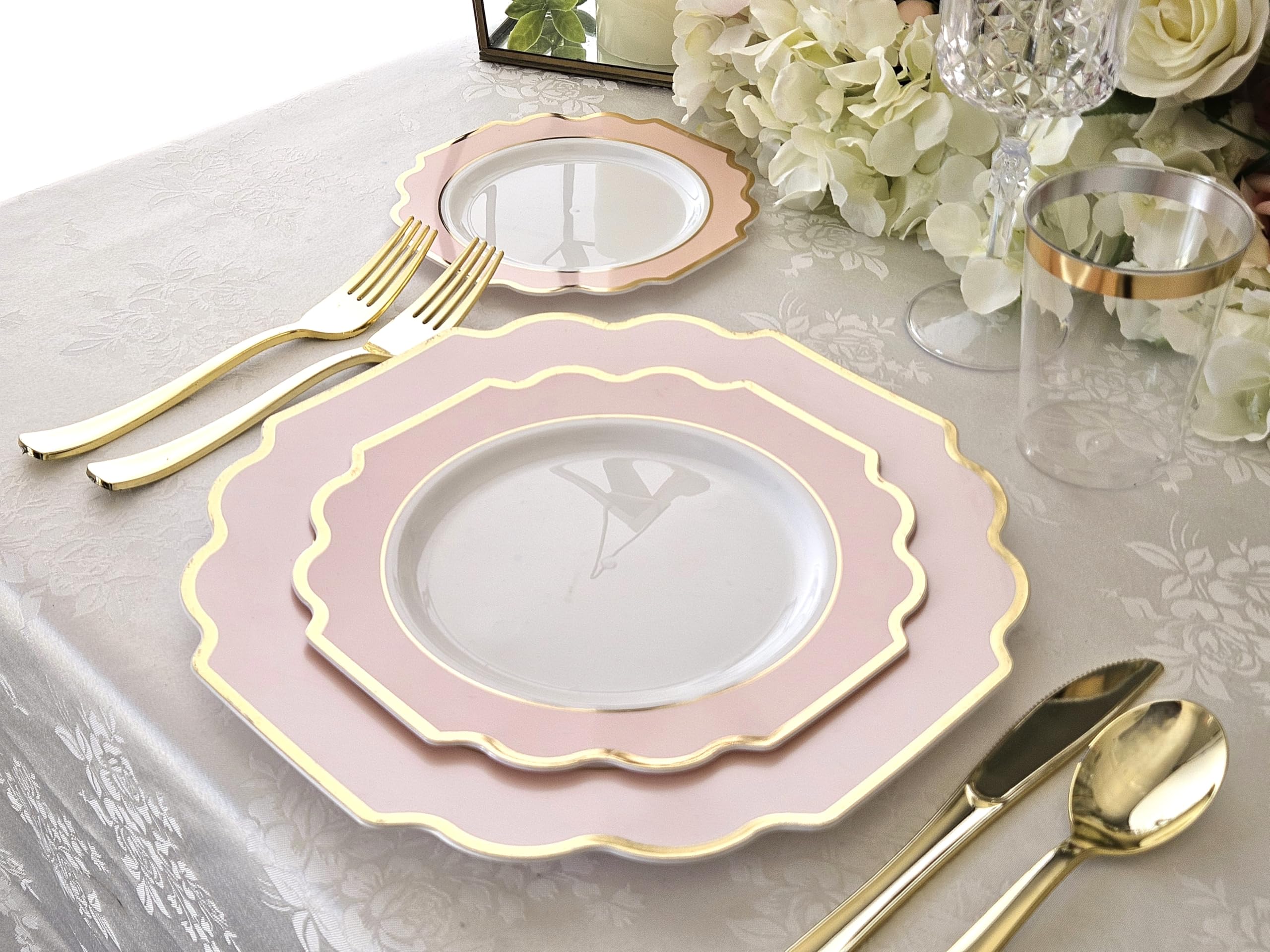60 Heavyweight Disposable Plastic Plates 10.5 Inch - Elegant Imperial Blush & Gold for Wedding, Party, Birthday Celebrations - Premium Dinnerware for Special Occasions & Events