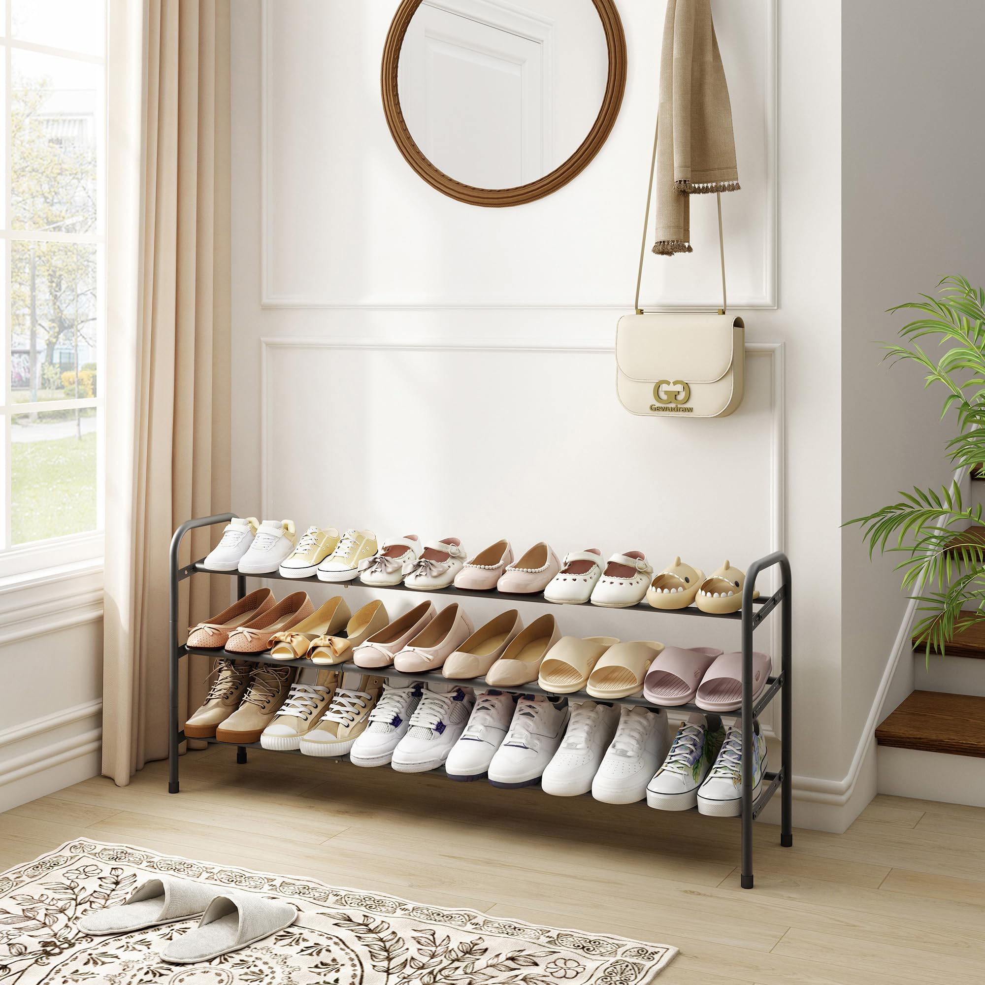 3-Tier Expandable Shoe Rack with Adjustable Width - Sturdy Metal Shoe Shelf Organizer Holds 18 Pairs of Shoes - Space Saving Shoe Storage for Bedroom, Entryway, Closet & Dorm Room - Black