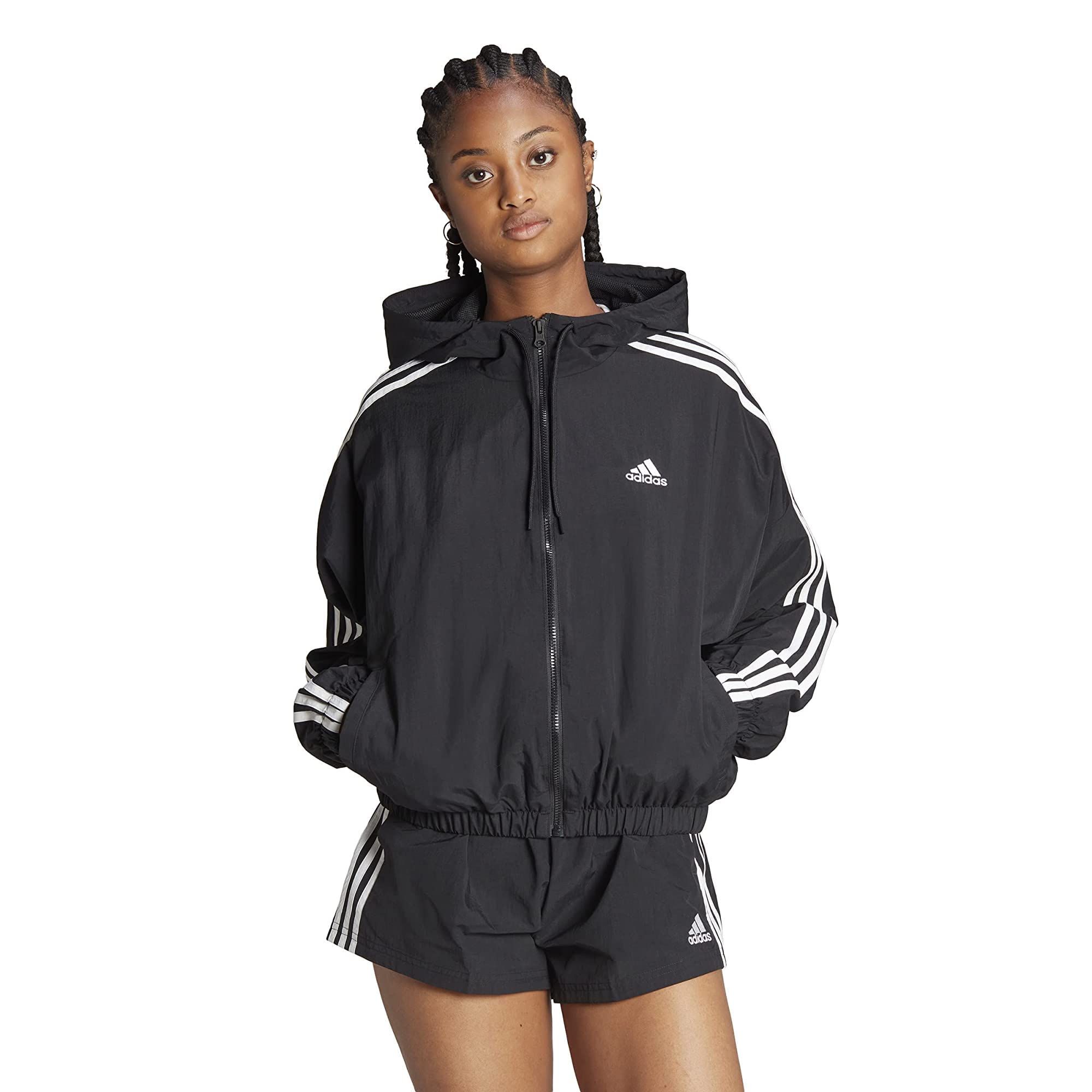 adidas Women's Essentials 3-Stripes Woven Windbreaker Jacket - Lightweight Water-Resistant Outdoor Running & Travel Coat