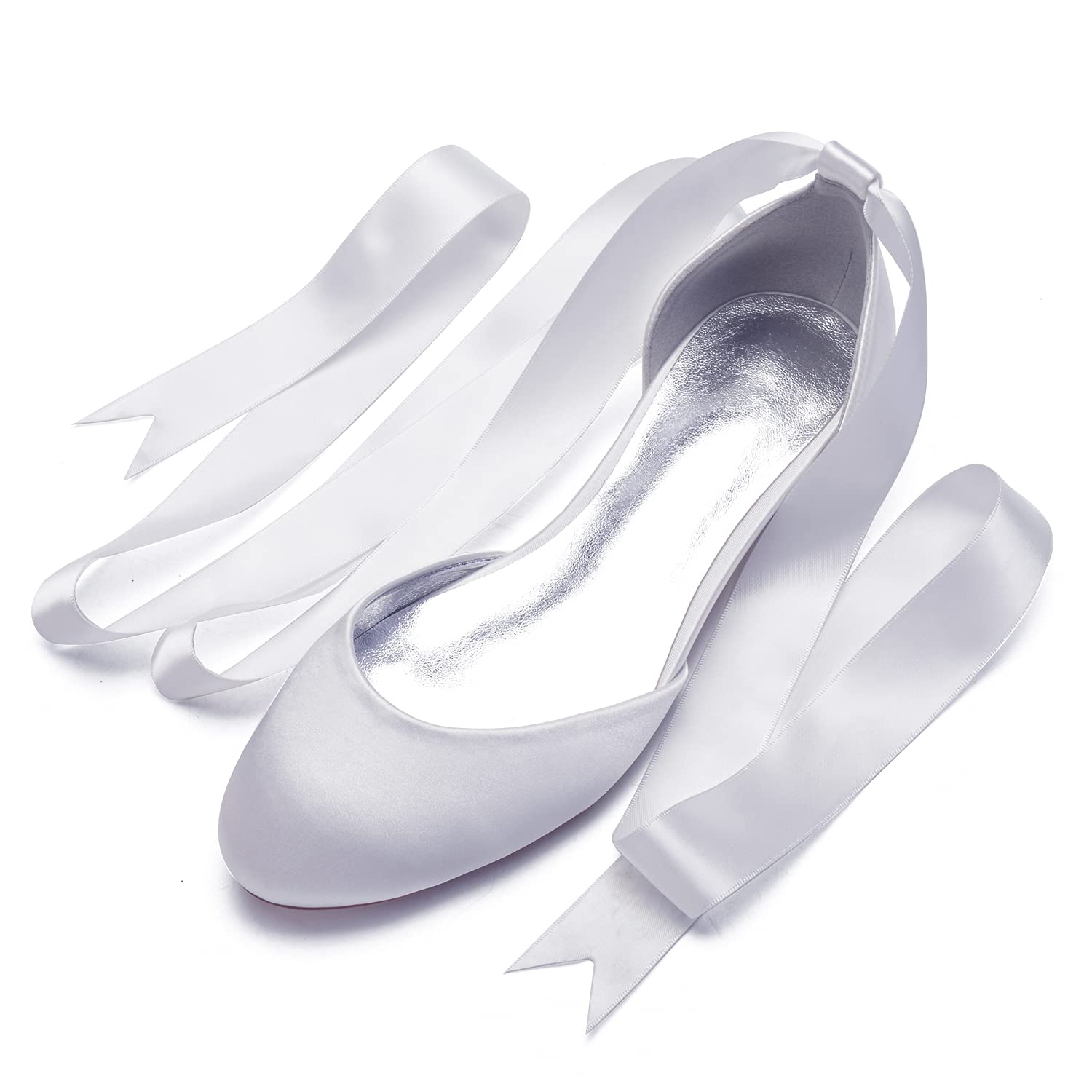 COMFASH Women's Ballet Flats - Satin Wedding Shoes with Ribbon Tie, Comfortable Closed Toe Bridal Shoes for Bride (White, Size 7) - Perfect for Weddings, Parties & Special Occasions