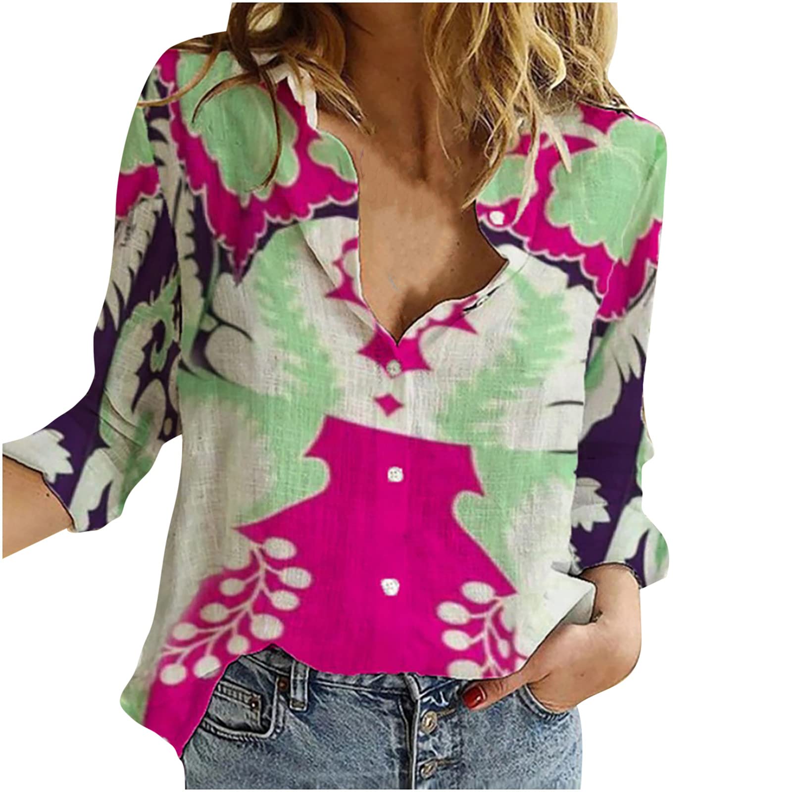 Women's Lapel V-Neck Mushroom Print Shirts - Summer Cotton Linen Long Sleeve Button Down Blouses for Casual Wear & Office Outfits