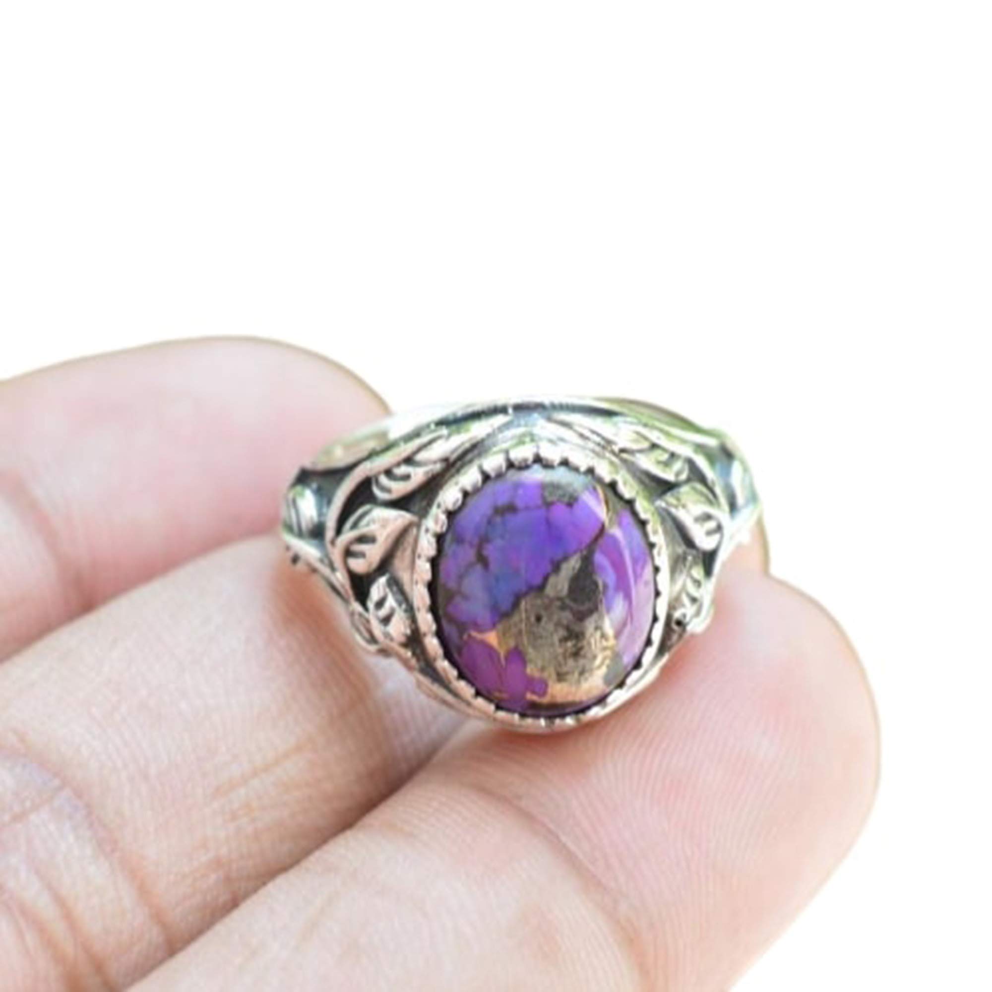 925 Sterling Silver Purple Copper Turquoise Ring for Men - Leaf Design Gemstone Ring, Unisex Wedding Gift & Everyday Jewelry - Size 6-13 (Perfect for Outdoor Adventures & Special Occasions)