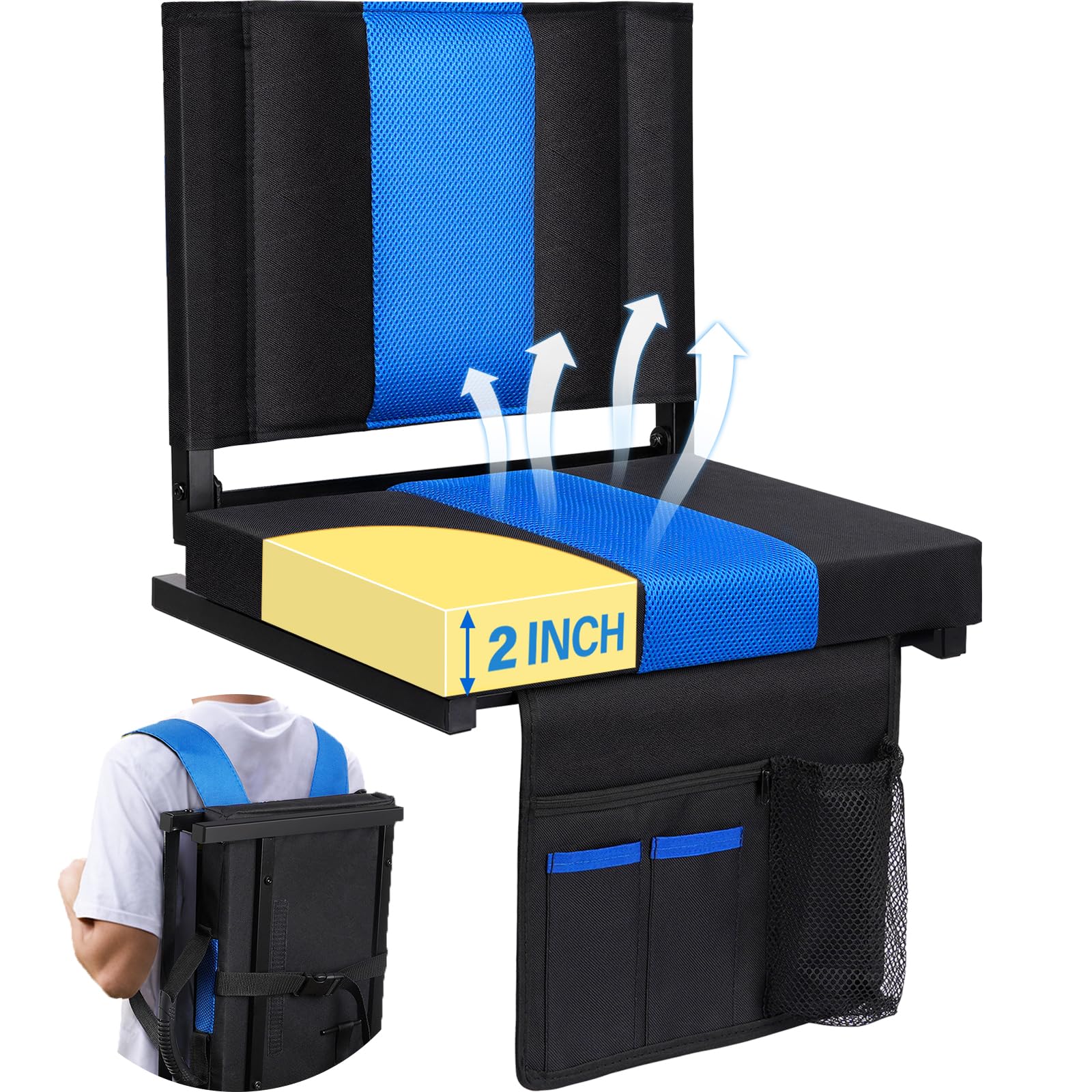 **MKARMATER Portable Stadium Seat Cushion with Back Support – Padded Folding Comfort Bleacher Chair with Shoulder Strap – Perfect for Sports, Concerts, Camping & Outdoor Events**
