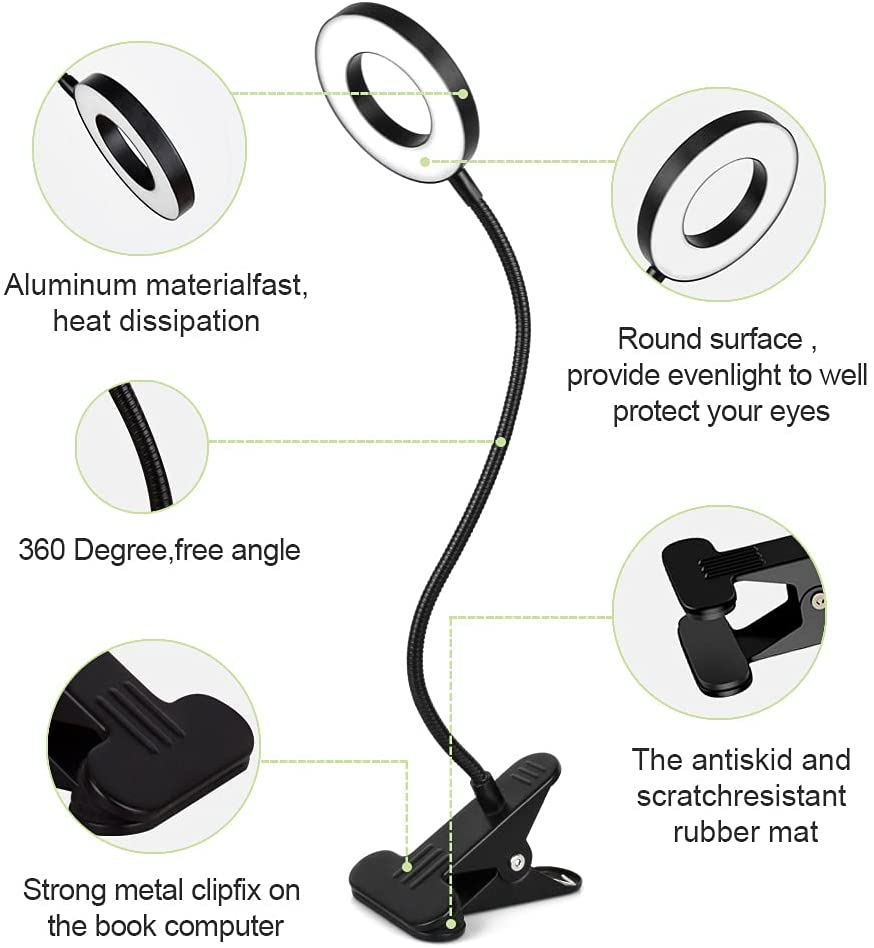 DINGLILIGHTING DLLT LED USB Reading Light Clip - Adjustable 2 Light Colors, Eye-Caring Desk Lamp for Laptop, Books, Piano, Bed Headboard - Includes Adapter | Perfect for Night Reading, Studying & Office Work