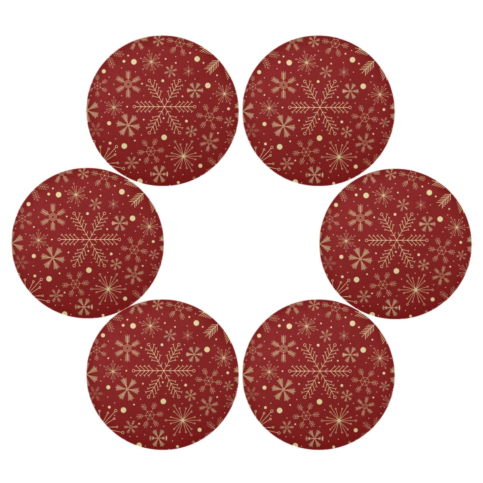 6-Pack Christmas Snowflake Red Round Placemats - Heat Resistant, Non-Slip, Washable Dining Table Mats for Holiday Decor & Everyday Use