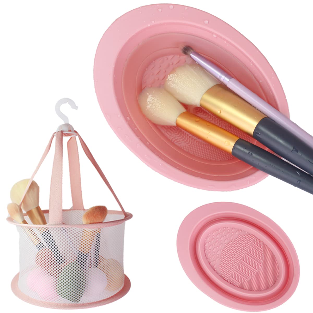 RSAOENF Foldable Silicone Makeup Brush Cleaning Mat with Hanging Drying Net - Pink Makeup Brush Cleaner Pad & Mesh Drying Rack for Sponges, Powder Brushes | Perfect for Salon, Home & Travel Makeup Organizer