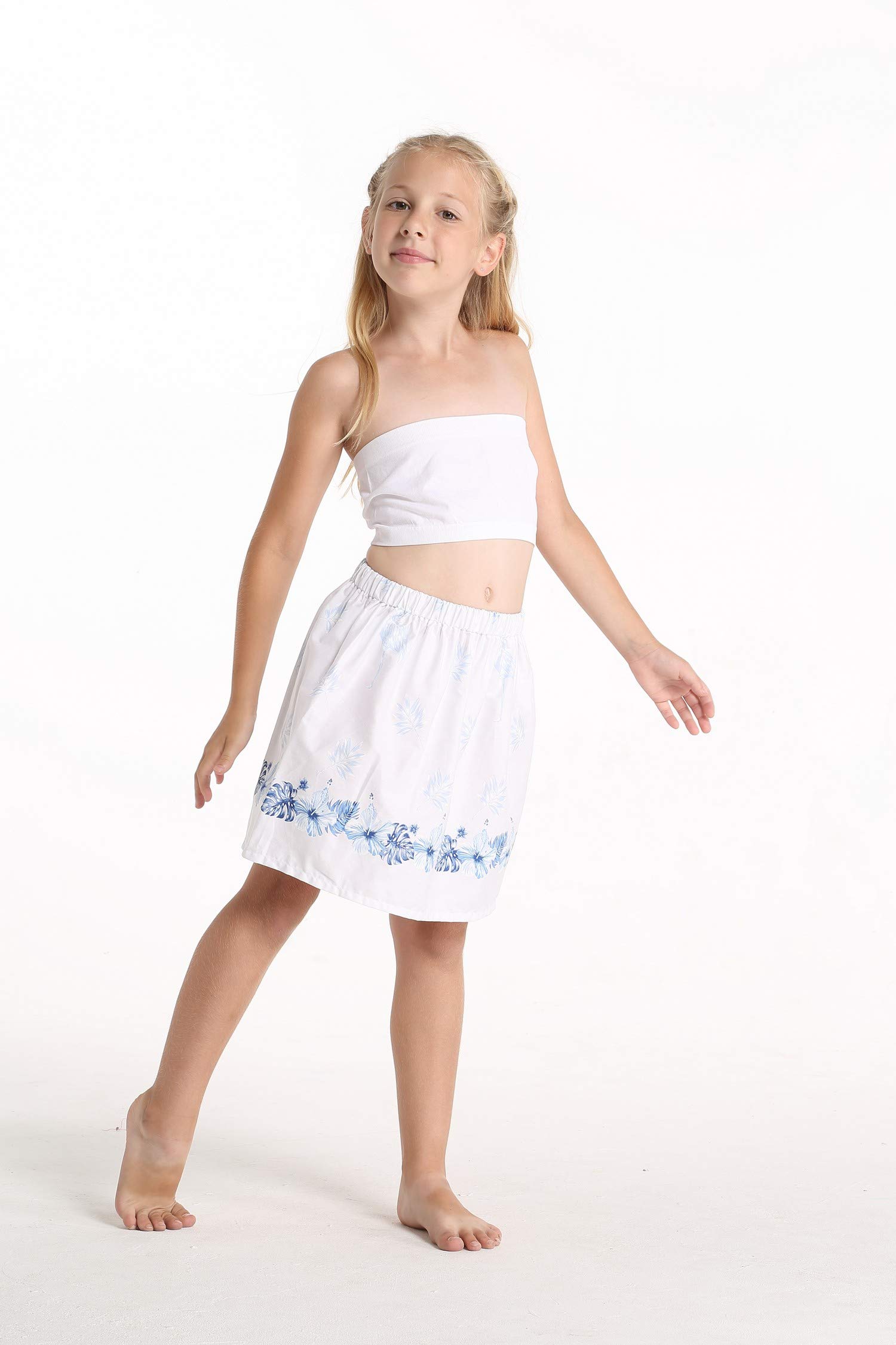 Father Daughter Matching Hawaiian Luau Dance Outfit - White & Blue Hibiscus Shirt and Skirt Set for Beach Party, Family Vacation, and Tropical Themed Events