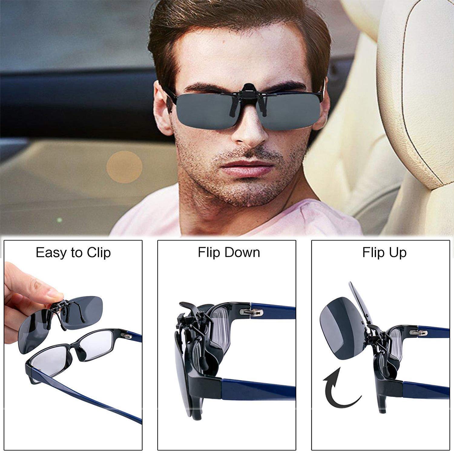 Polarized Clip-on Sunglasses for Men & Women - Anti Glare UV Protection Driving Glasses - Fits Over Prescription Eyeglasses - Perfect for Road Trips, Commuting & Outdoor Activities