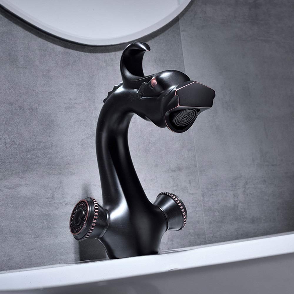 LIANGANAN European Black Antique Copper Bathroom Faucet - Single Hole Retro Lavender Hot & Cold Water Mixer Tap for Above/Below Counter Sink - Vintage Style Basin Faucet Set for Bathroom & Powder Room Decor