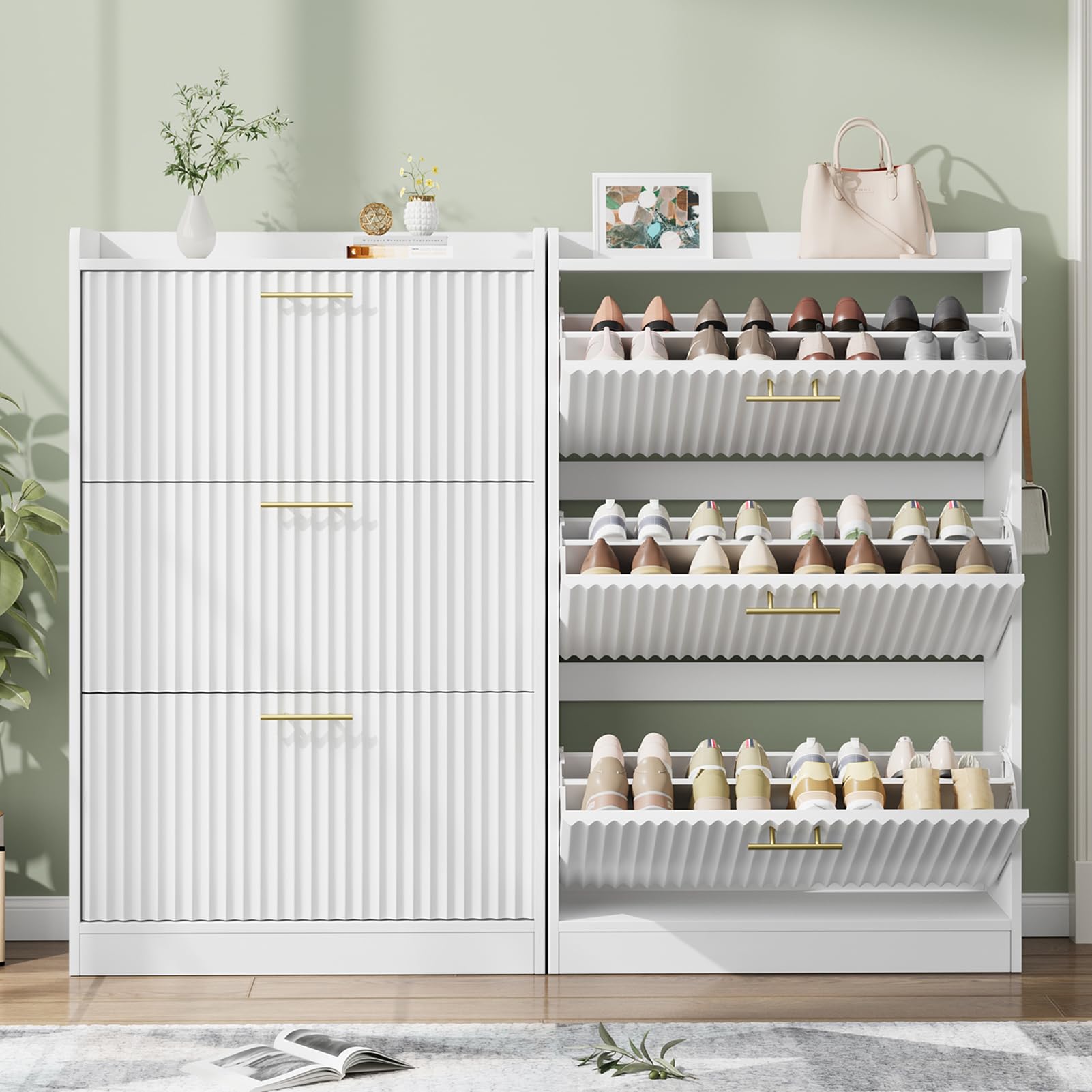 Modern Fluted Shoe Storage Cabinet with 3 Flip Drawers - Large Free Standing Shoe Organizer for Entryway, Foyer & Hallway - Hidden Shoe Rack for Home Organization (White) | Perfect for Small Spaces & Clutter-Free Living