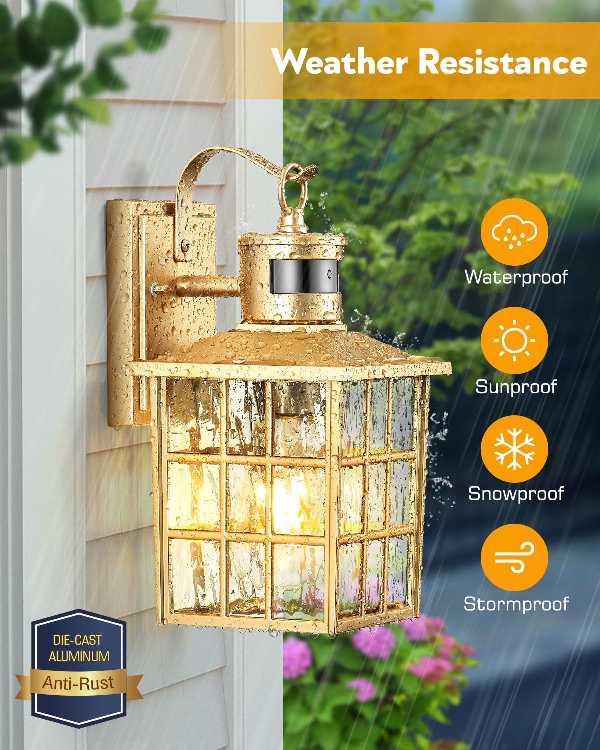 VIANIS Gold Outdoor Wall Lights with Motion Sensor - Modern LED Porch Lights for Garage, House Exterior - Waterproof Lantern Fixtures & Wall Sconce Lighting (Perfect for Entryway, Patio, Garden Security)