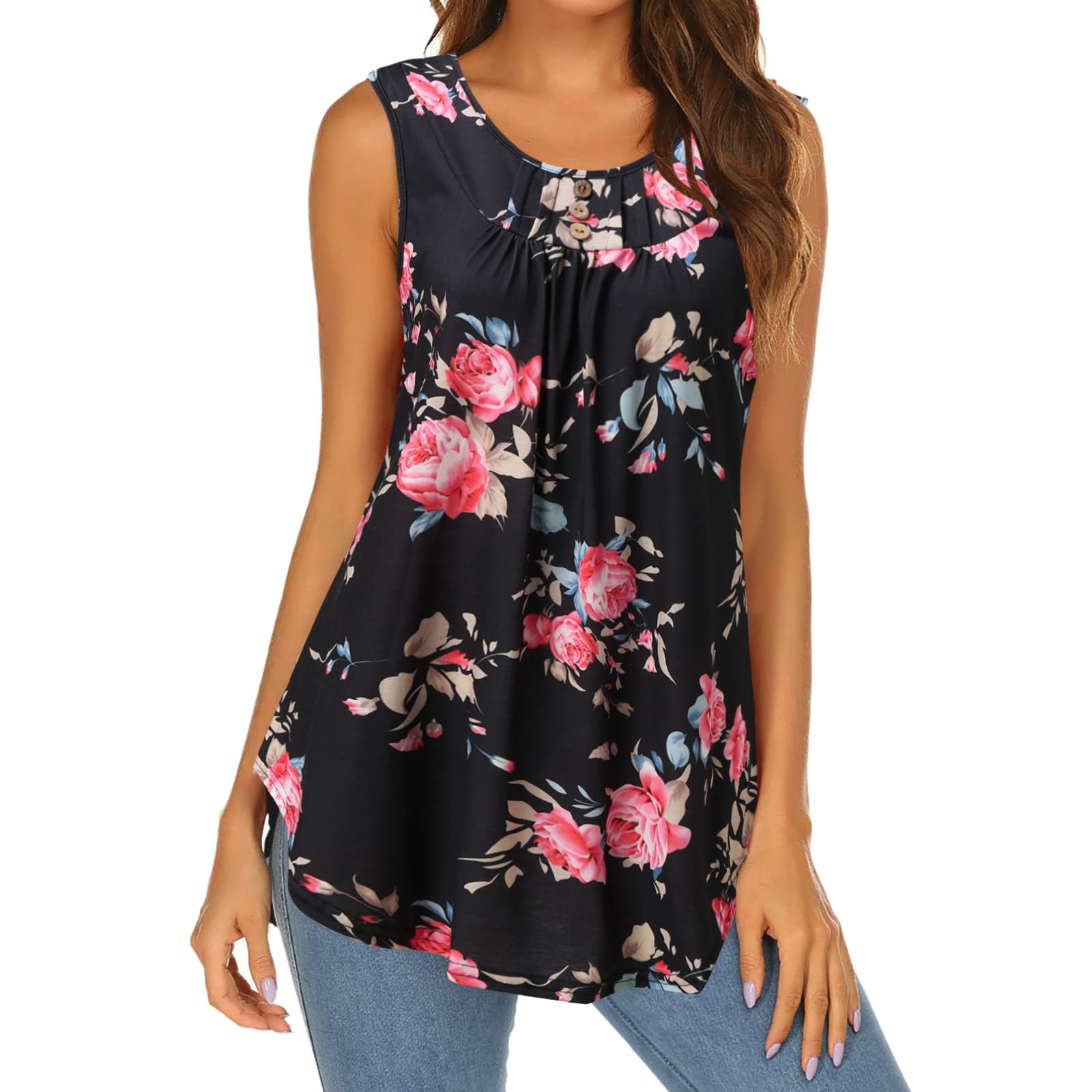 Women's Cropped Tank Tops - Summer Floral Print Button-Up Pleated Sleeveless Shirt | Crew Neck Ethnic Tunic Top for Casual Wear, Beach Outfits & Festival Fashion (Black, Size S)