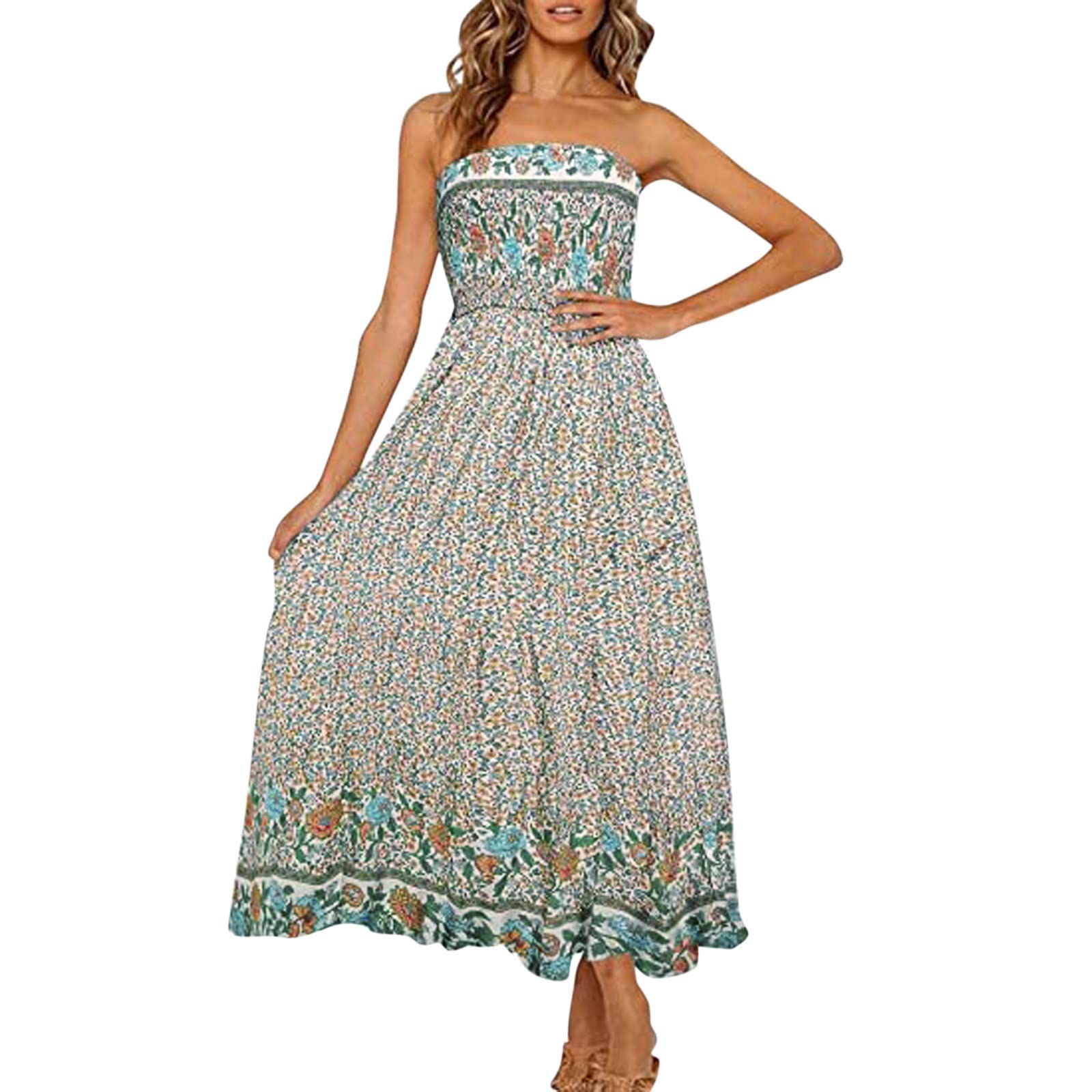 TEVEQ Women's Floral Print Summer Strapless Maxi Dress - Sleeveless Ruffle Beach Dress for Casual Wear, Vacations & Outdoor Parties