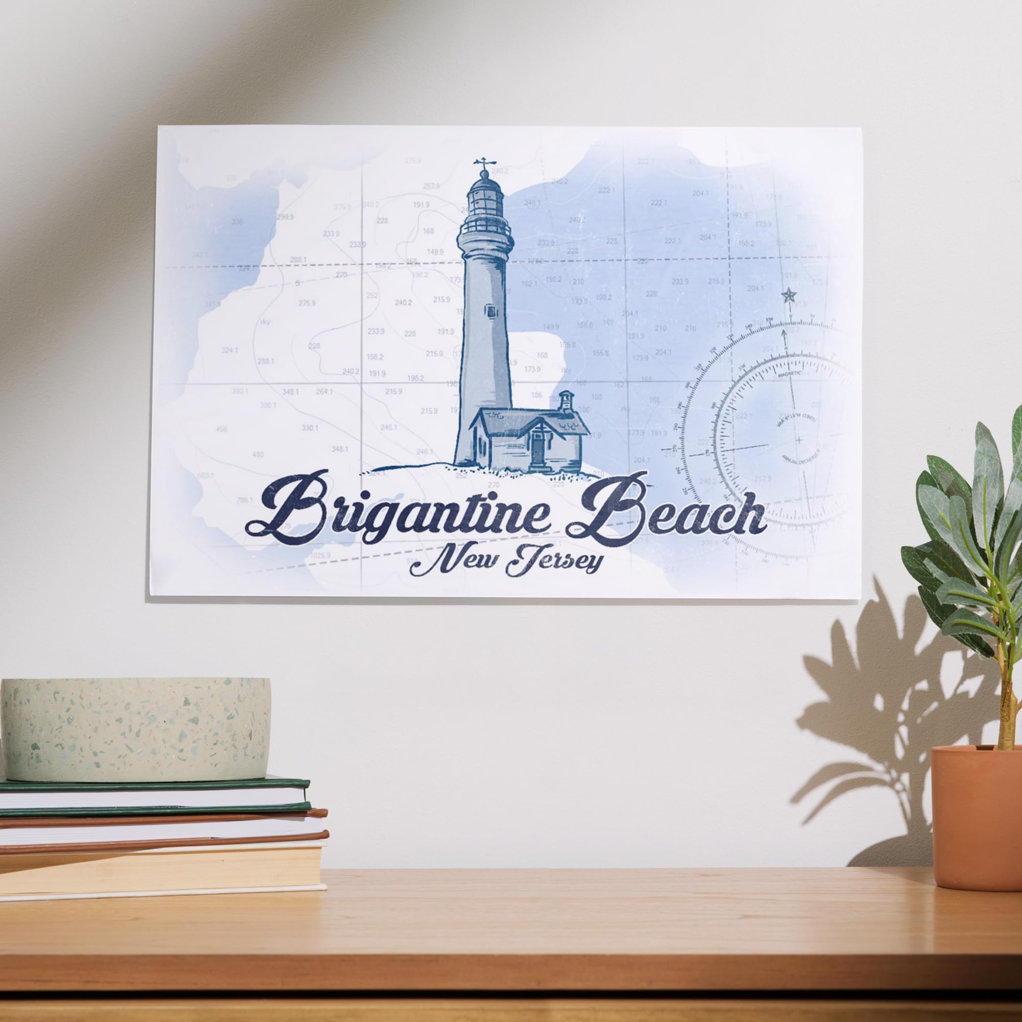 Lantern Press 12x18 Inch Coastal Art Print - Brigantine Beach New Jersey Wall Decor with Beach Chair & Umbrella in Blue | Perfect for Beach House, Living Room or Office Decor
