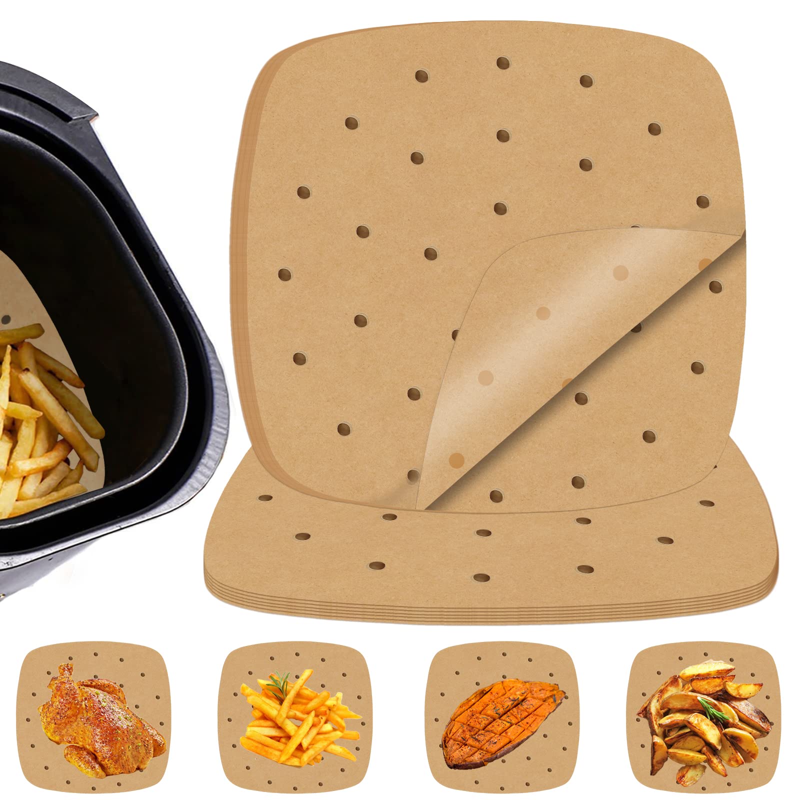 Numola 100 Pcs 9 Inch Square Air Fryer Liners - Disposable Perforated Parchment Paper Sheets for Baking, Non-Stick Steamer Liner for Oven, Microwave & Steaming Basket - Perfect for Healthy Cooking & Meal Prep