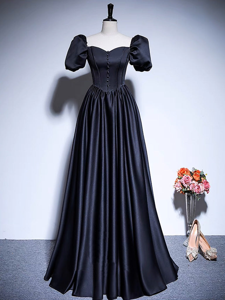 Elegant Black A-Line Satin Prom Dress with Puff Sleeves - Long Evening Gown for Formal Events, Homecoming, and Special Occasions