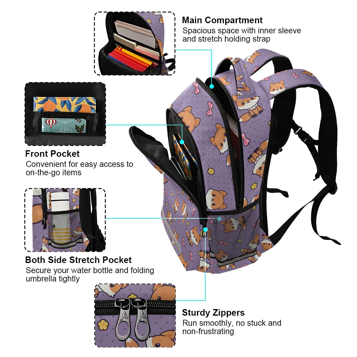 Cute Cartoon Fox Laptop Backpack with Chest Strap - Lightweight School & Travel Hiking Backpack for Boys & Girls - Durable Rucksack for Daily Use, College, Outdoor Adventures & Commuting