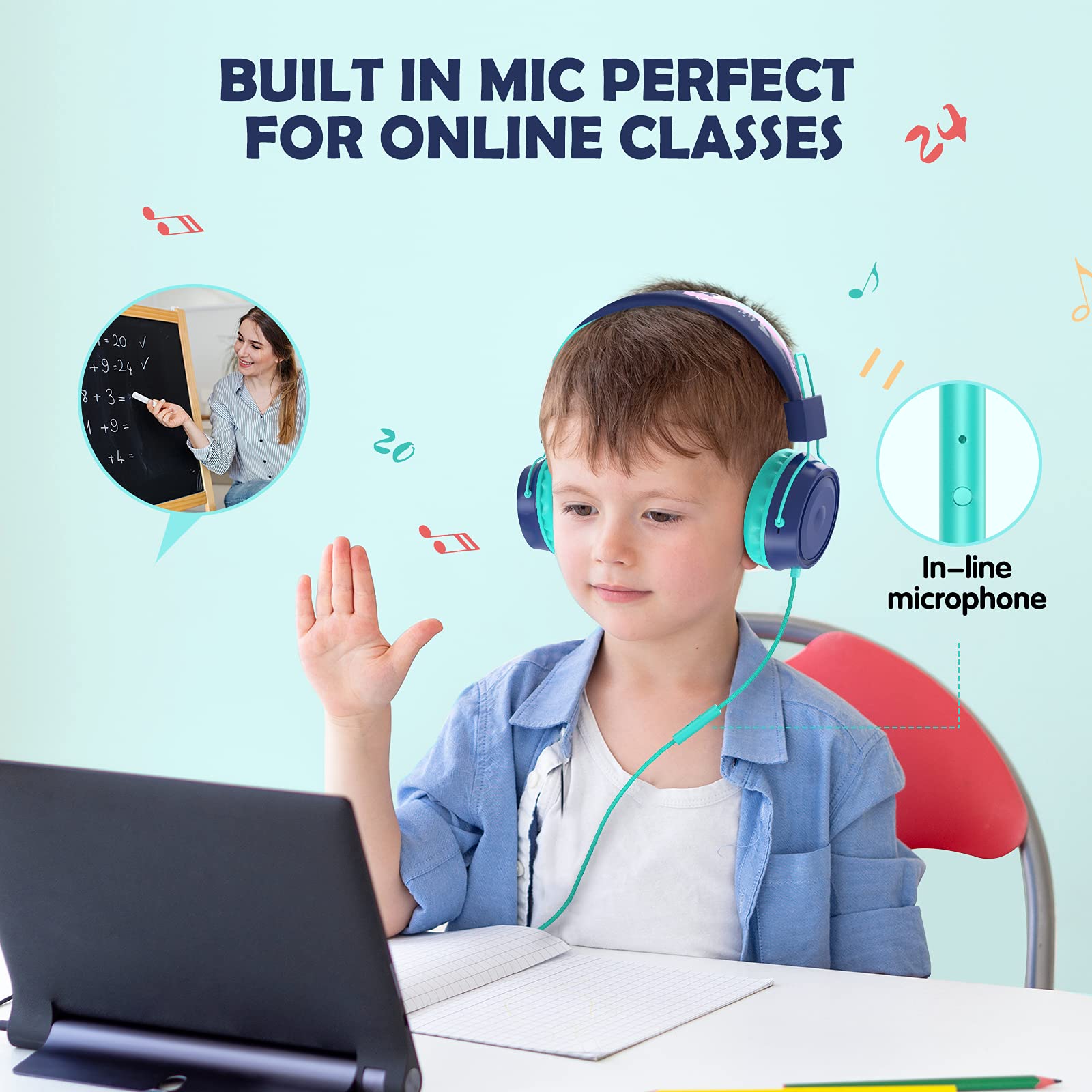 Kids Headphones with Microphone - Safe Volume Limiter 85/94dB, 3.5mm Wired On-Ear Headset for Children, Lightweight Comfort for School, Online Classes, iPad, Kindle & Tablet Use (Blue) - Perfect for Learning, Homeschooling & Remote Education
