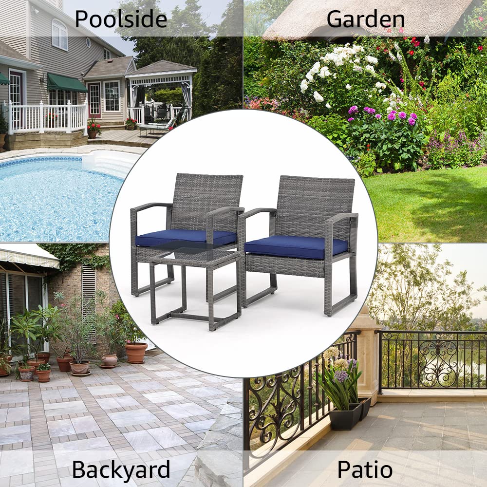 **Patiorama 3-Piece Outdoor Patio Furniture Set - Modern Wicker Rattan Bistro Set with Coffee Table for Garden, Balcony, Backyard & Poolside (Navy Blue) - Perfect for Relaxing, Entertaining & Outdoor Dining**