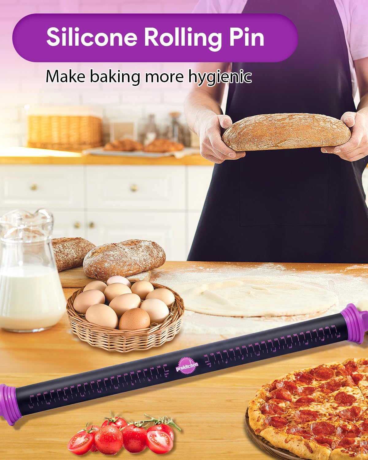 Adjustable Silicone Rolling Pin with Thickness Rings - 23.6 Inch Large Purple Dough Roller for Baking, Fondant, Cookies, Pasta & Pizza - Perfect for Home Kitchens & Professional Bakeries