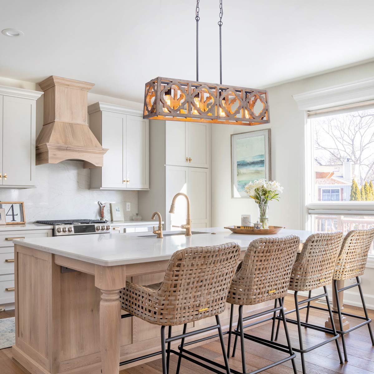 Farmhouse Rectangle Wood Kitchen Island Pendant Light - 4-Light Industrial Linear Chandelier for Dining Room, Living Room & Foyer - Rustic Lighting Fixture for Modern Farmhouse, Restaurant & Coffee Shop Decor