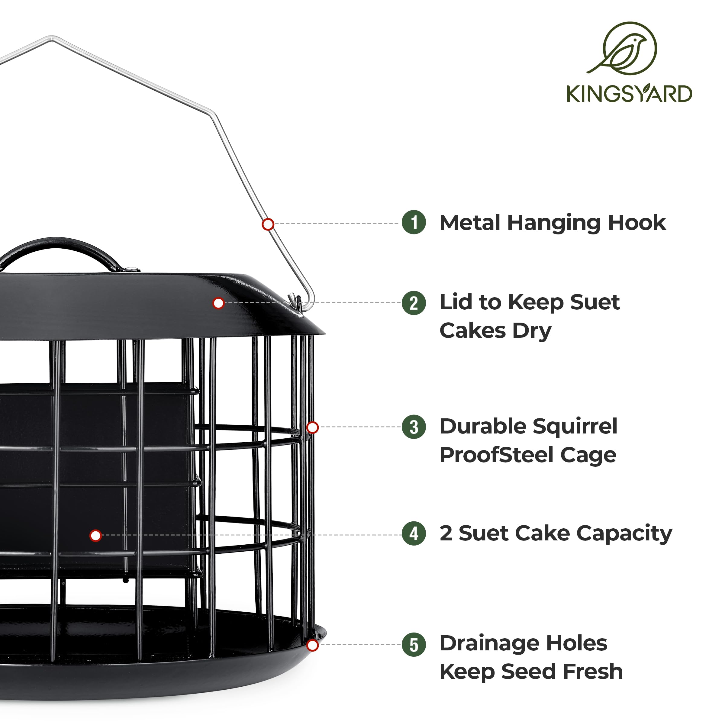 Kingsyard Squirrel Proof Suet Feeder - All Metal Hanging Bird Feeder with Double Suet Cake Capacity, Tray & Weatherproof Design for Outdoor Use - Perfect for Backyard, Garden & Wildlife Watching (Black)