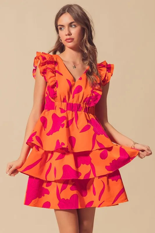 Stylish Orange Layered Resort Dress with Elastic Waist - Perfect for Beach Vacations, Summer Parties & Tropical Getaways