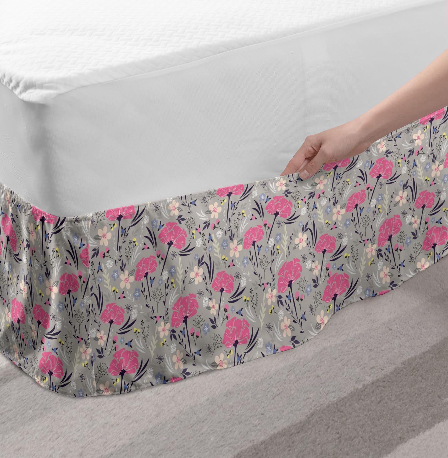 Ambesonne Floral Bed Skirt - Dandelion & Gillyflower Pattern on Grey Background, Elastic Wrap Around Dust Ruffle for King Size Beds | Perfect for Bedroom Decor, Guest Rooms & Luxury Hotel Styling