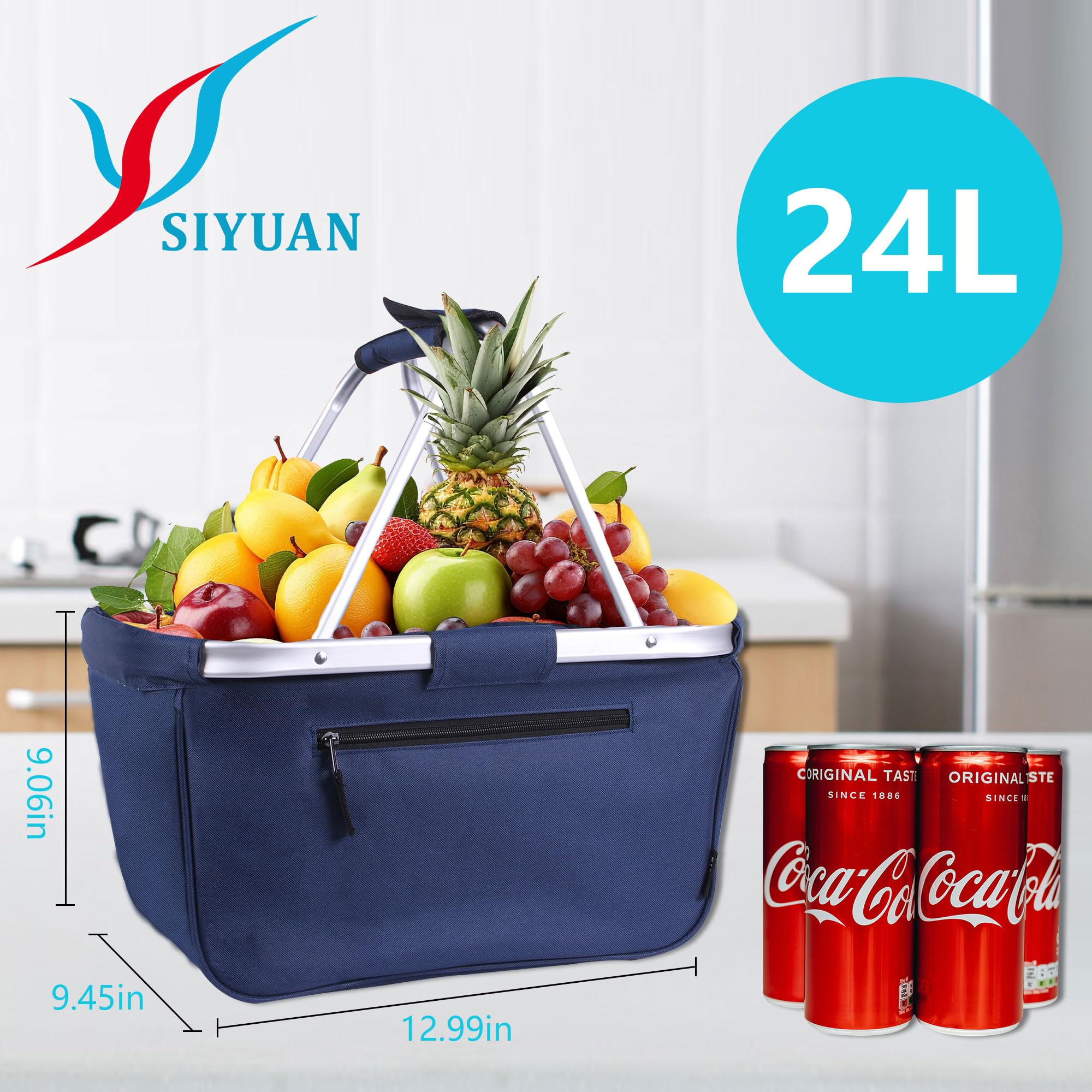 SIYUAN 24L Collapsible Picnic Basket - Portable Reusable Folding Grocery Basket with 2 Handles for Travel, Camping, Beach Outings & Farmers Market Shopping (Navy Blue)