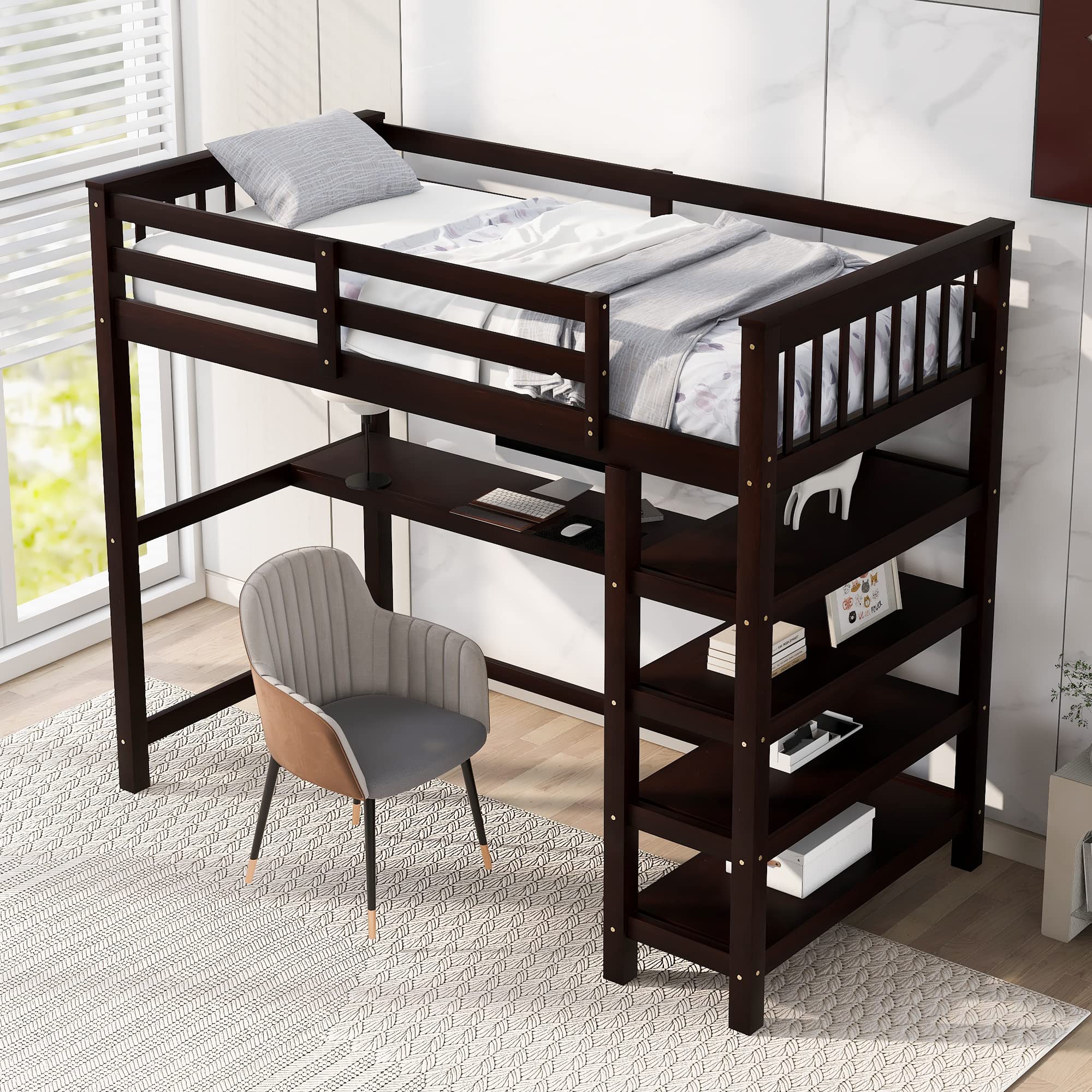 Harper & Bright Designs Twin Loft Bed with Desk & Storage - Space-Saving Wooden Bunk Bed with Ladder for Kids, Teens & Adults - Perfect for Small Bedrooms, Dorms & Studio Apartments (Espresso Finish)