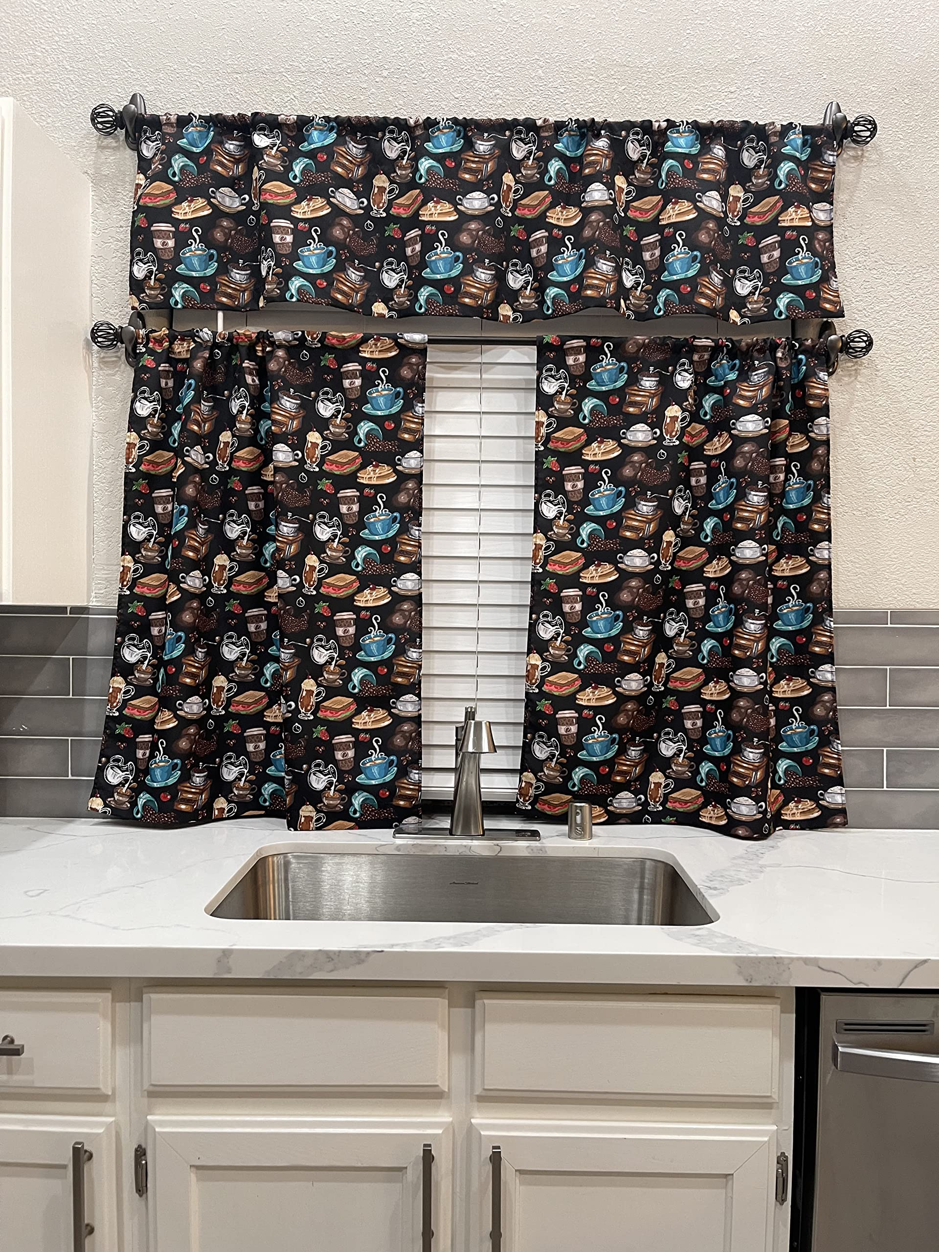 UpNUpCo Artistic Coffee-Themed Kitchen Curtain Set - 3-Piece Bistro Style Window Treatment with Coffee Decor Fabric, Tier & Valance - Perfect for Cafés, Coffee Shops & Cozy Home Kitchens
