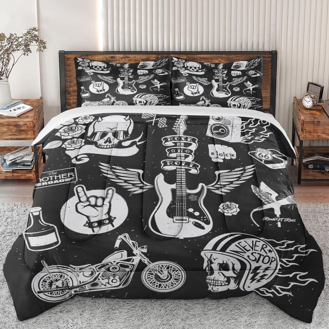 Rock Music Motorcycle Comforter Set Queen Size - Soft Bedding for Kids & Adults with 2 Pillowcases - Perfect for Bedroom Decor, Biker Themed Rooms & Music Lovers' Homes