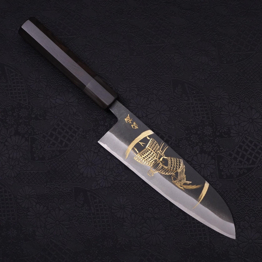 Premium Santoku Knife 170mm - White Steel #2 Kurouchi Finish with Buffalo Ebony Handle - Japanese Samurai New Moon Design - Ideal for Slicing, Dicing & Chopping Vegetables, Meat & Fish