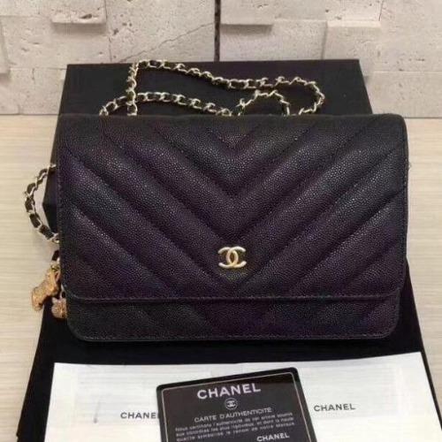 Chanel Wallet On Chain WOC Chevron Lambskin Gold Hardware Black Crossbody Bag for Women - Perfect for Evening Parties, Date Nights & Luxury Fashion Accessories
