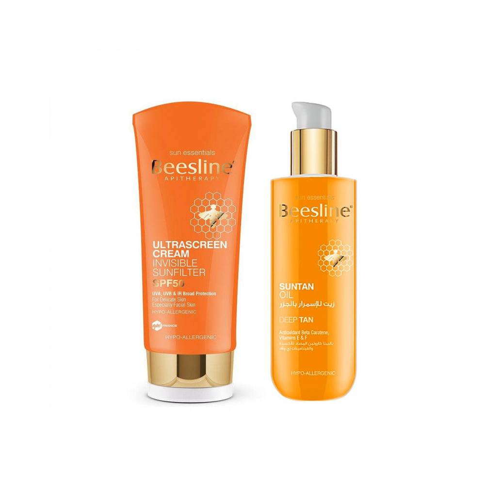 Premium Sun Tan Oil Gold 200ml & Ultra Screen SPF50 Sunscreen Cream 30ml - Tropical Vacation Essential for Beach, Pool & Outdoor Activities