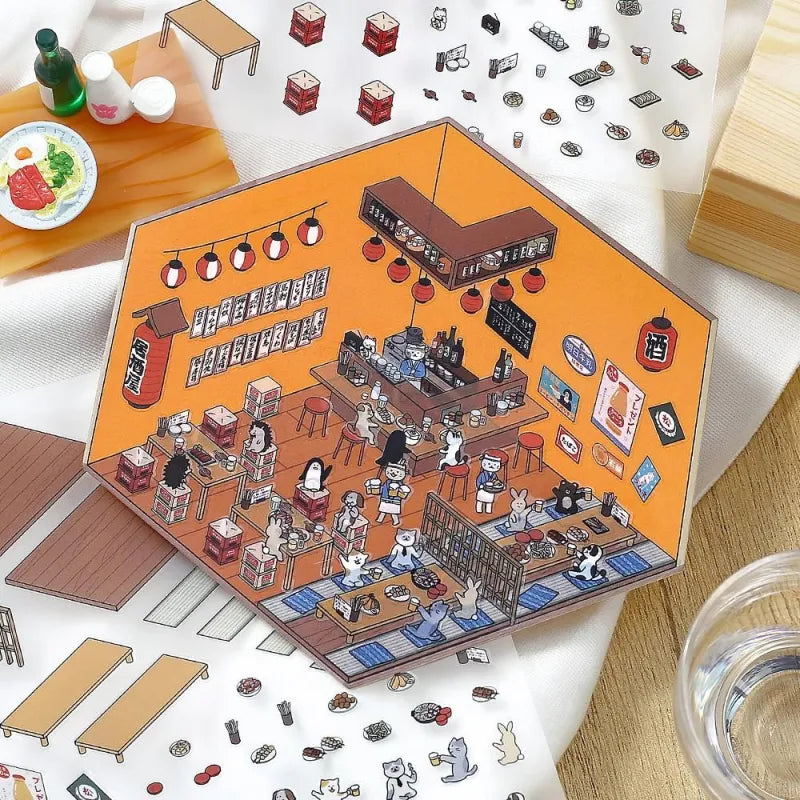 BGM Diorama 2.5D Sticker - Japanese Izakaya Pub Scene Decal for DIY Scrapbooking, Journaling & Home Decor