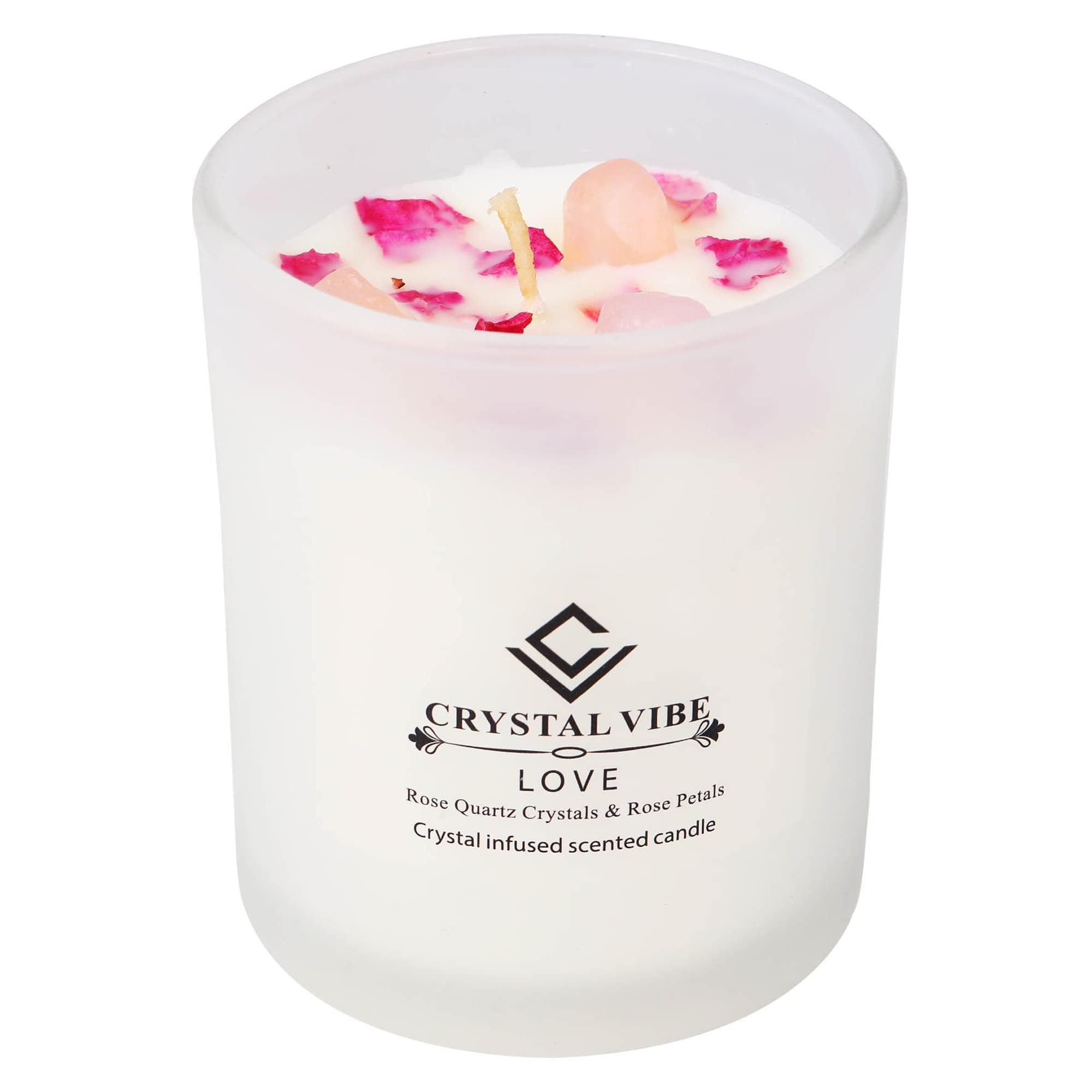 Rose Quartz Love Candle with Rose Petals - Romantic Rose Scented Aromatherapy Candle for Attraction & Relationships - Perfect Valentine's Day, Anniversary or Christmas Gift for Her - Home Decor, Meditation & Relaxation