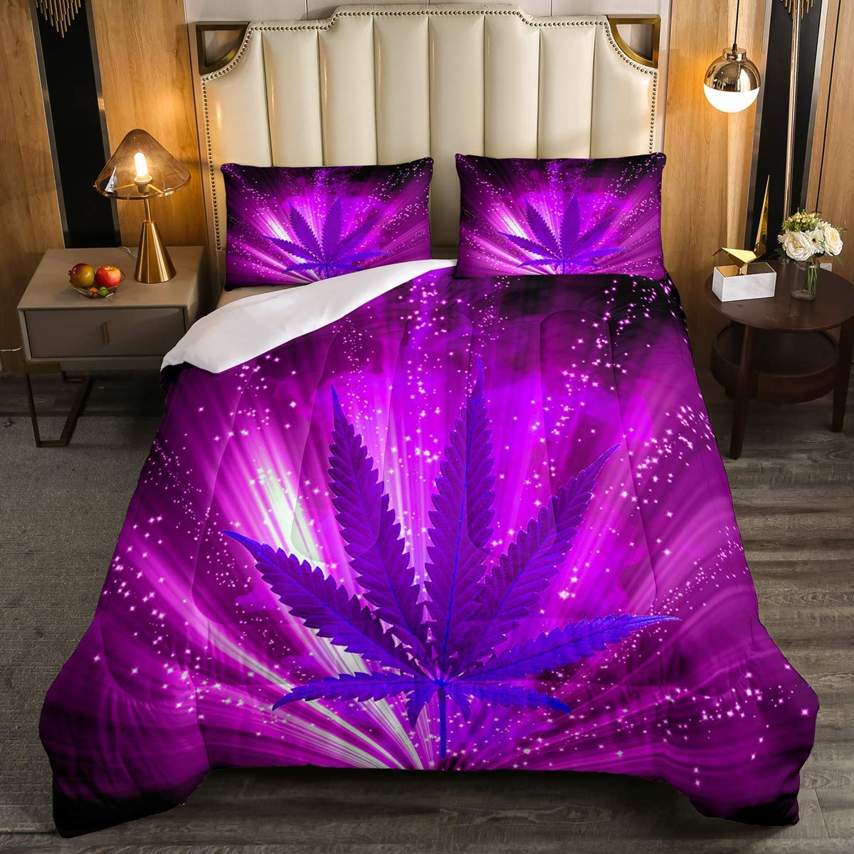 Purple Cannabis Leaf Comforter Set - Twin Size 2Pcs | Soft Galaxy Marijuana Leaf Pattern Bedding for Kids, Teens & Adults | Duvet Cover & Pillowcase | Perfect for Dorm Room, Bedroom Decor & Stoner Gifts