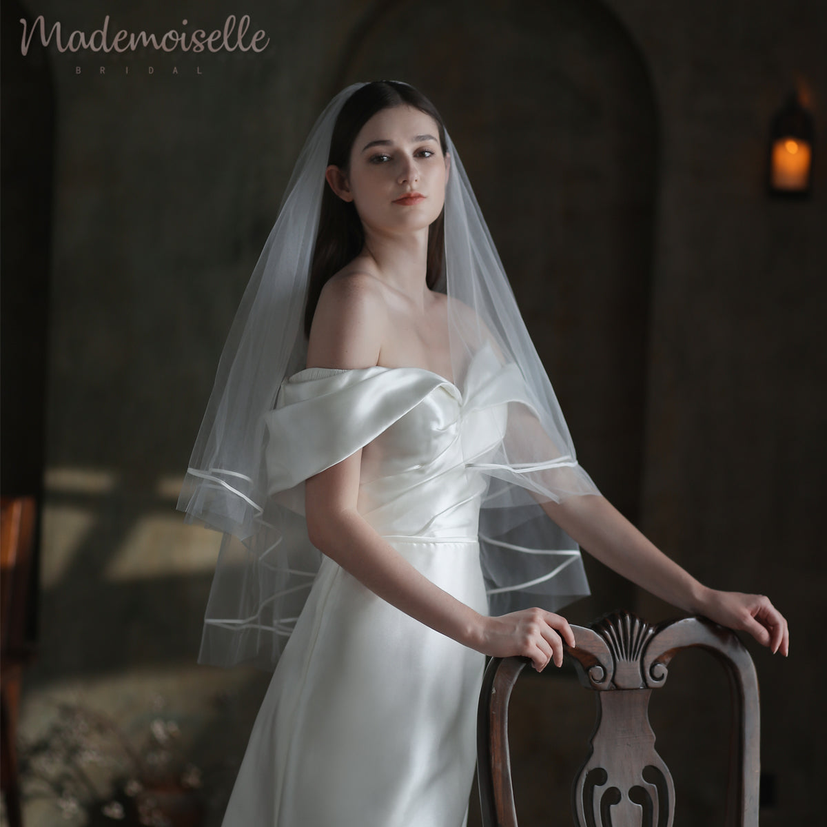 Elena Veil - Elegant Bridal Wedding Veil with Lace Trim for Church Ceremony & Photo Shoots