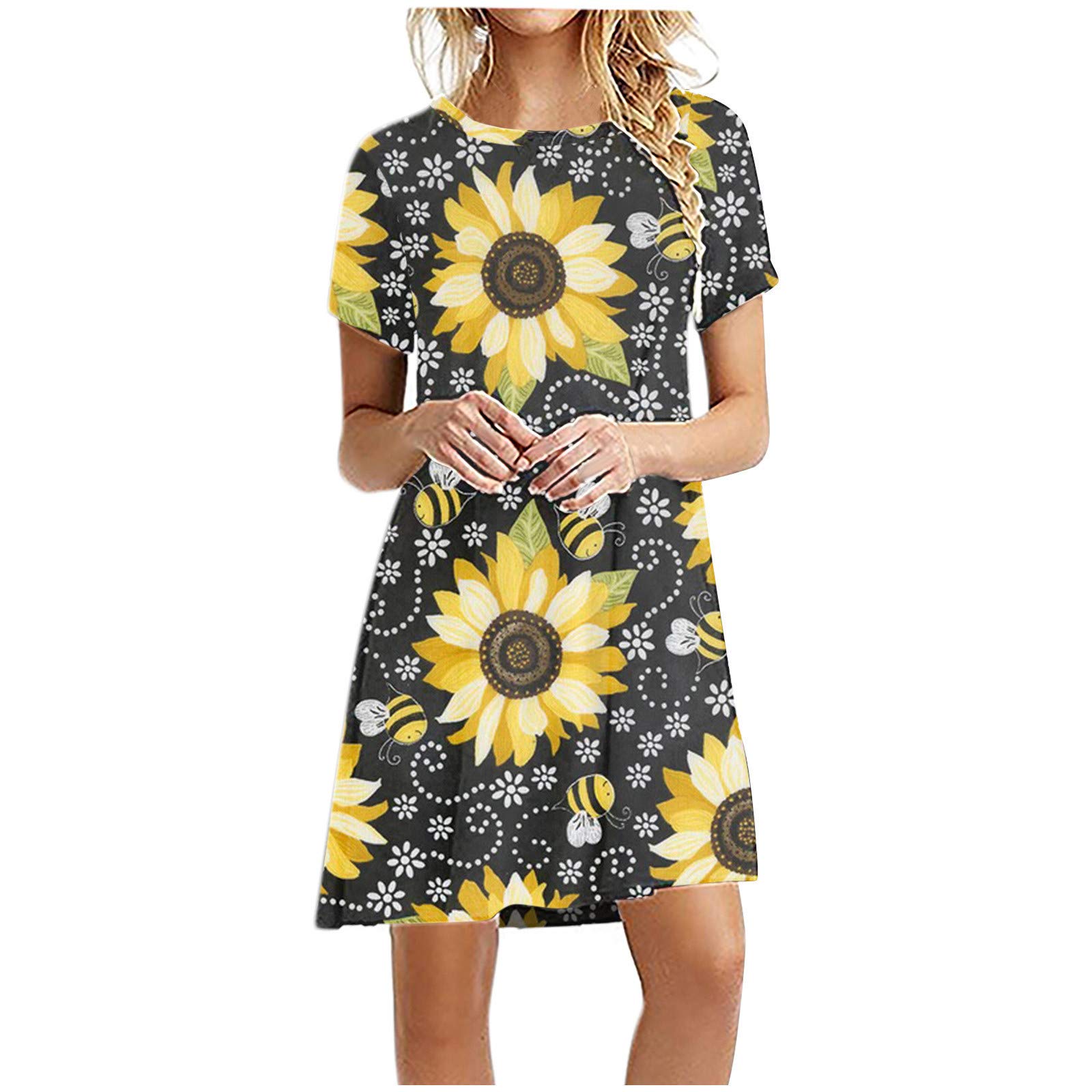 Women's Summer Short Sleeve Loose Fit Printed Round Neck Dress - Casual Beach Wear, Vacation Outfit & Everyday Comfort Dress