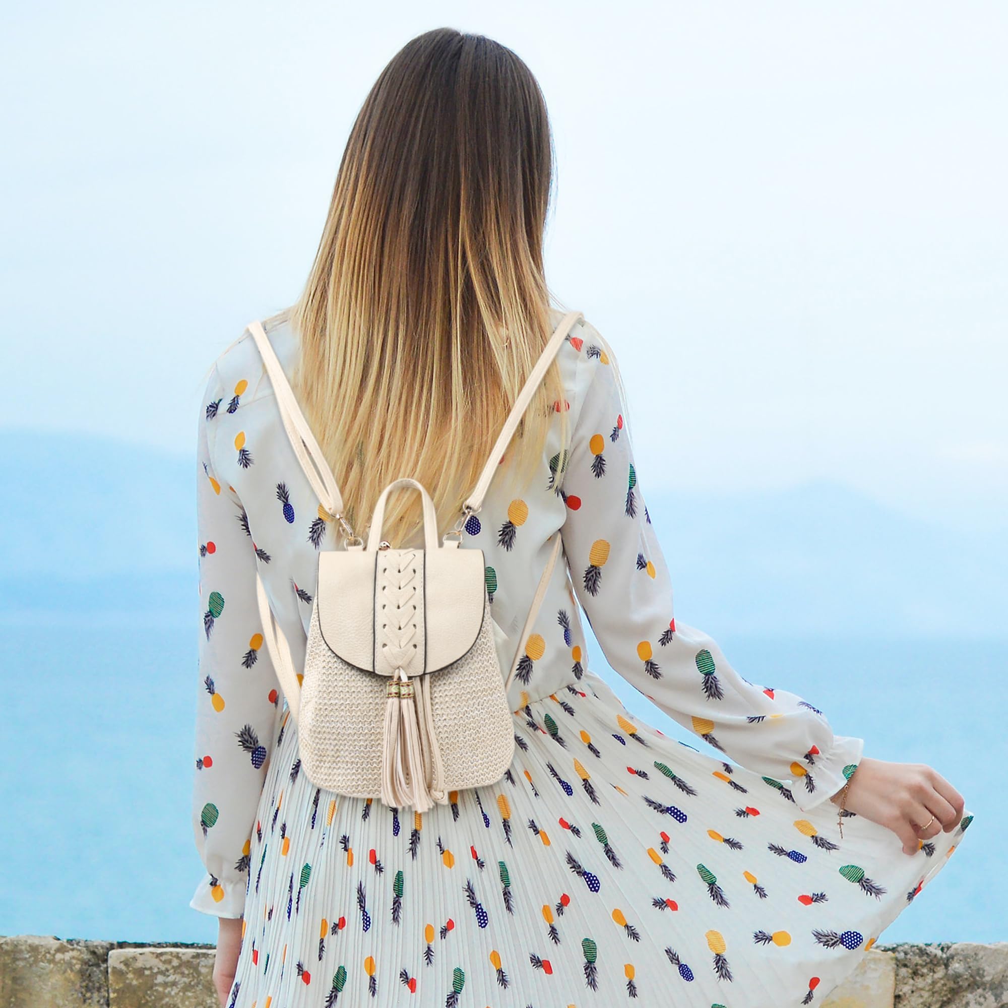 Women's Mini Braid Tassel Straw Woven Backpack - PU Leather Flap Drawstring Daypack, Small Convertible Crossbody Purse for Beach, Travel & Everyday Use