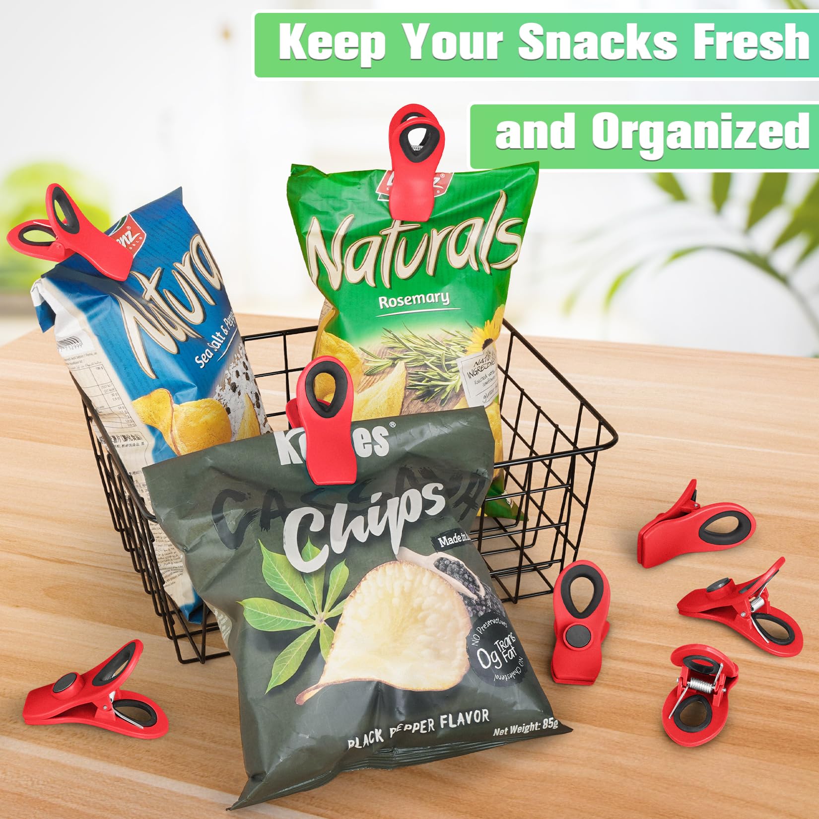 12 Pack Magnetic Food Bag Clips for Kitchen & Refrigerator - Strong Plastic Storage Clips for Chips, Snacks & Sealed Packages (Red) - Perfect for Pantry Organization & Food Freshness