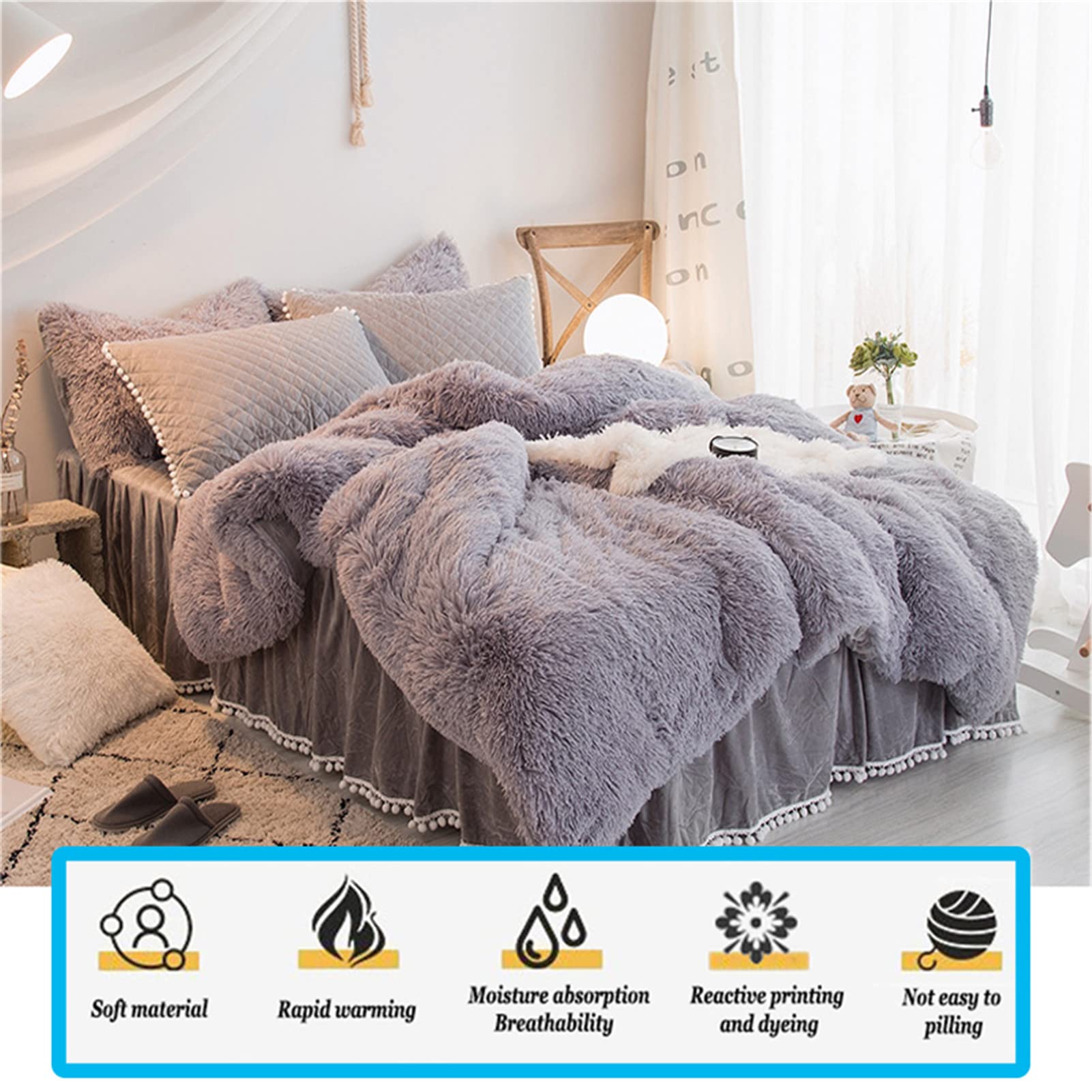 Luxury Super Soft Fluffy Comforter Cover Set - Warm & Cozy Plush Shaggy Duvet Cover with Faux Fur & Pompom Fringe (1 Duvet + 2 Pillow Shams) for Double/Queen Bed (1.8m) - Perfect for Winter Bedroom Decor & Cozy Nights