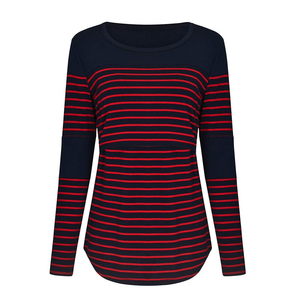 Long Striped Sleeve Nursing Maternity T-Shirt for Women - Comfortable Breastfeeding Top with Easy Access - Perfect for Pregnancy, Postpartum & Everyday Wear