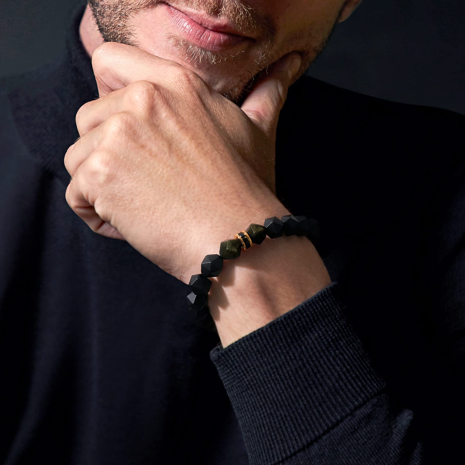 Premium Handmade Stretch Beaded Bracelet for Men - Tiger Eye, Onyx & Obsidian Natural Gemstones (10mm) with Sterling Silver Protection Charm - Adjustable 5.9