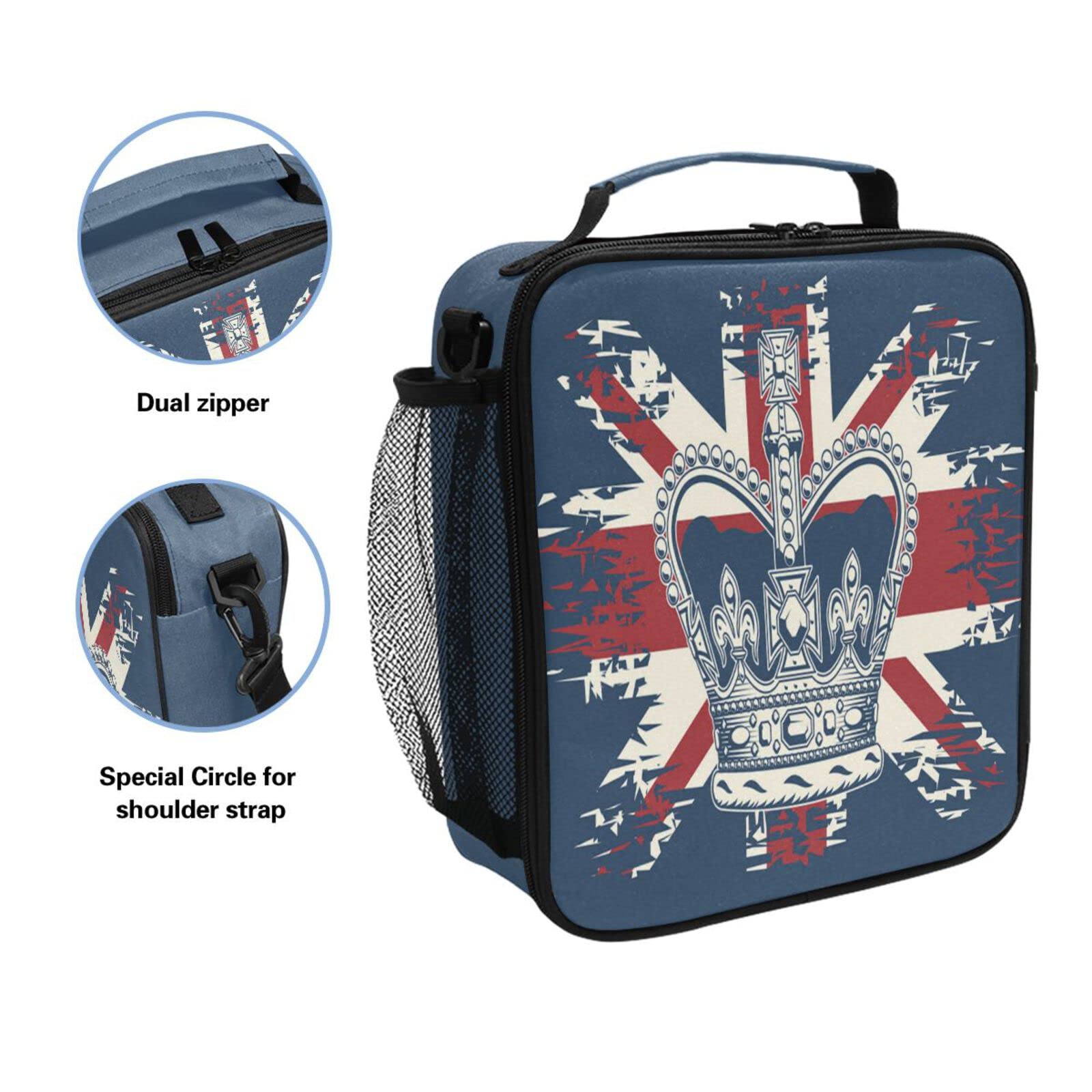 Retro British Flag Crown Insulated Lunch Box - Reusable Thermal Cooler Tote Bag with Shoulder Strap for Kids, Students & Adults - Perfect for School, Work, Picnics & Outdoor Travel