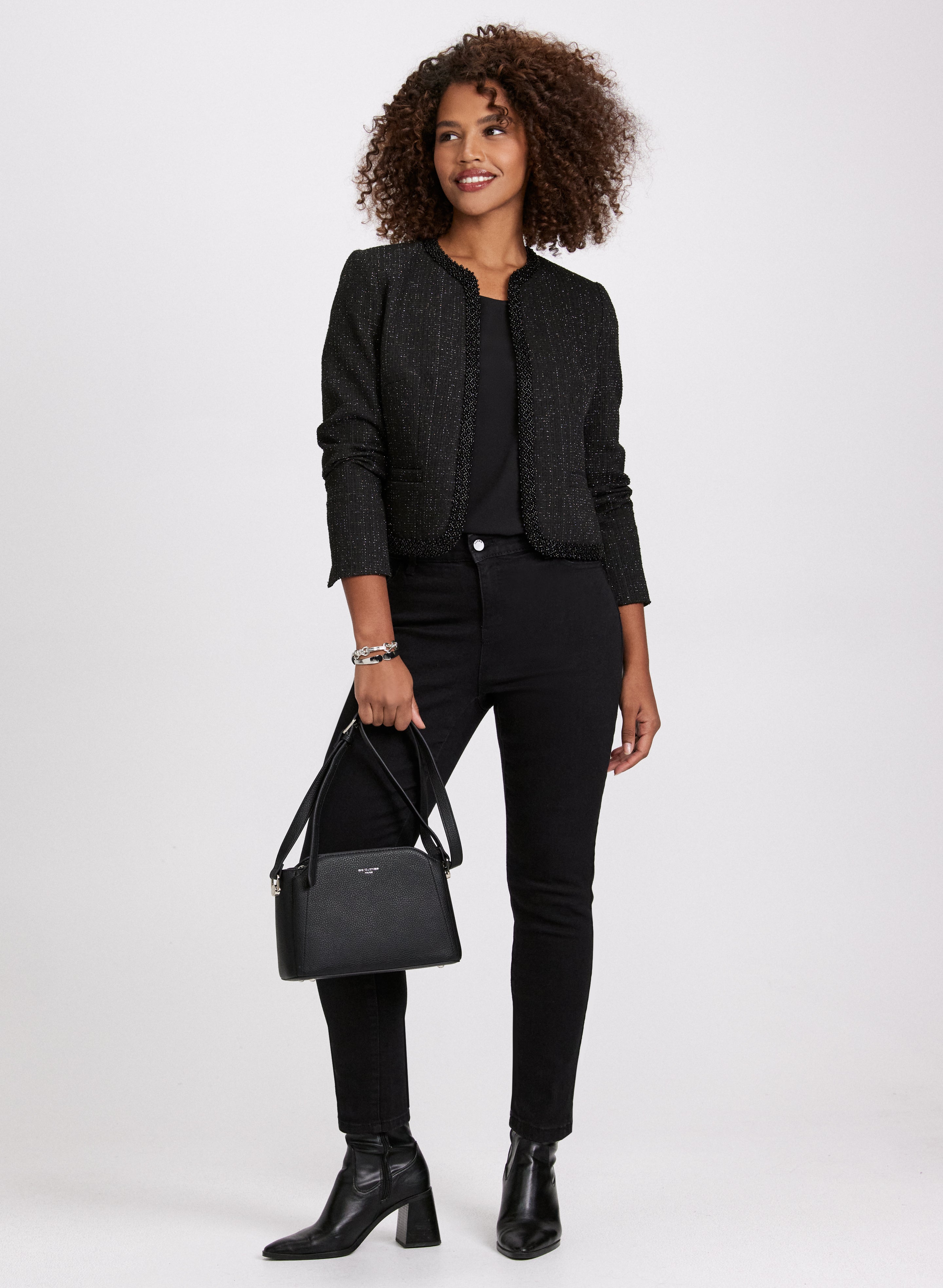 Stylish Beaded Bouclé Jacket & Essential Slim Leg Jeans for Women | Trendy Outfit for Casual Wear, Date Night & Office Chic | Perfect Fall & Winter Fashion Combo